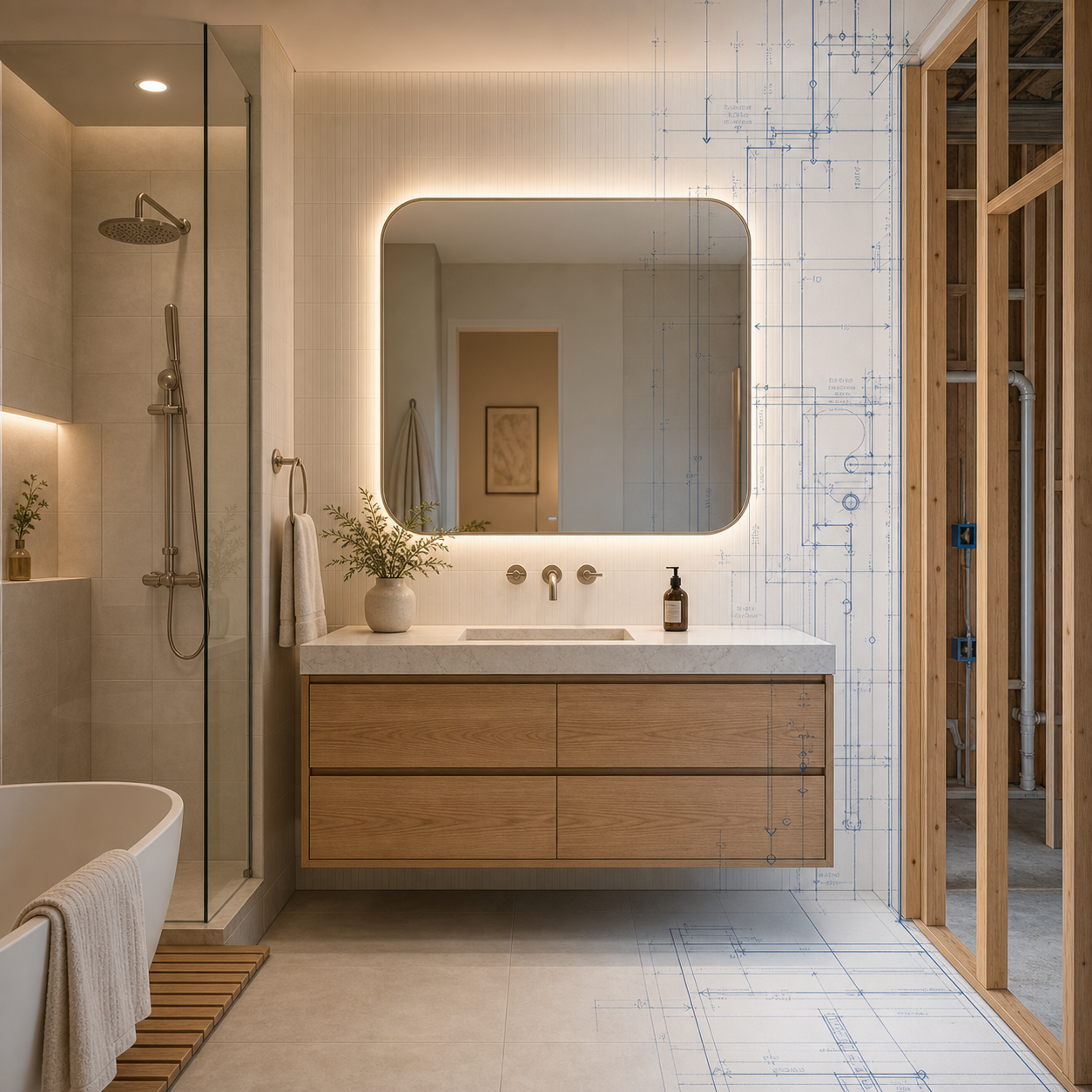 AI-generated dream bathroom concept blended with real construction planning and bathroom blueprint details