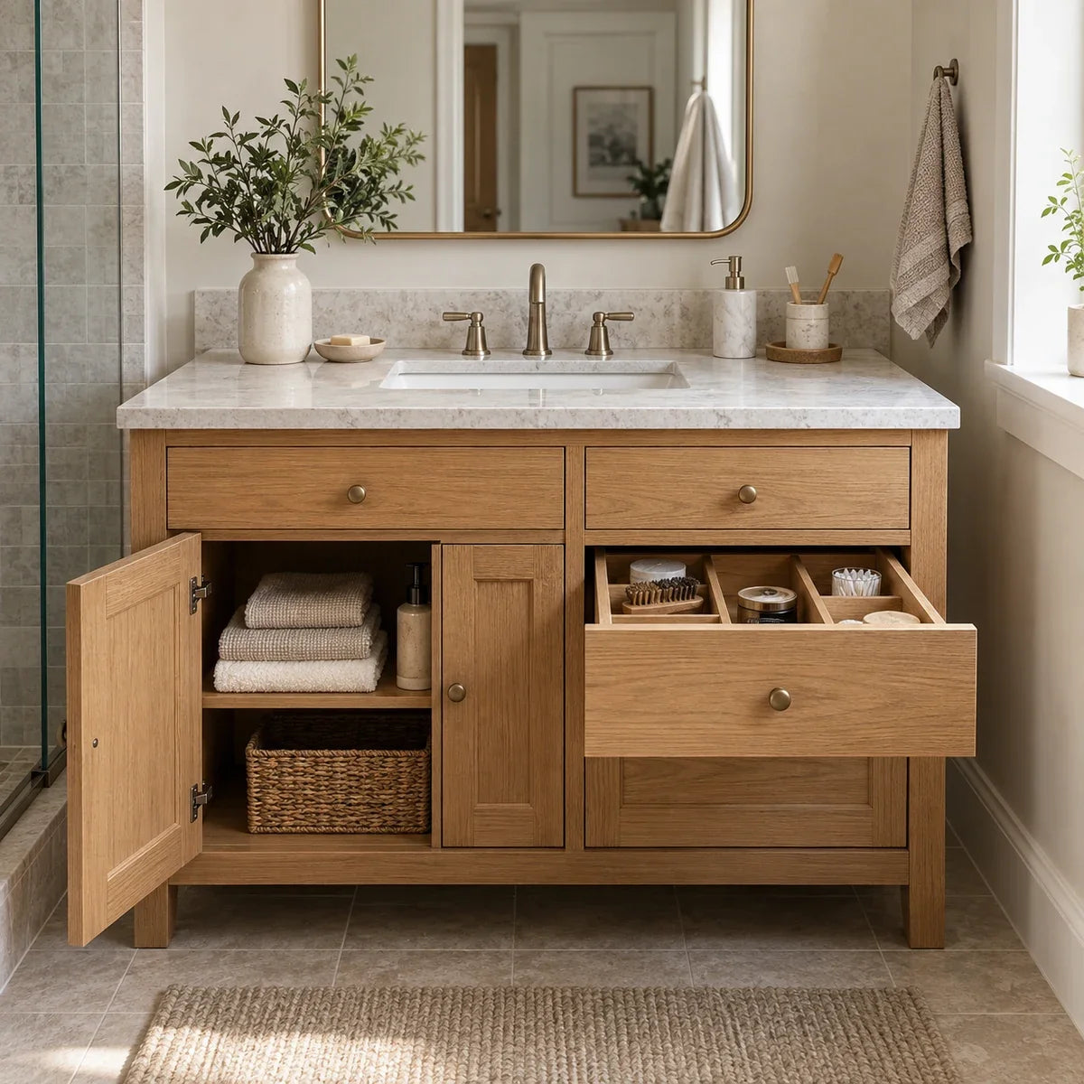 Bathroom vanity with an open cabinet door and drawer showing two storage styles