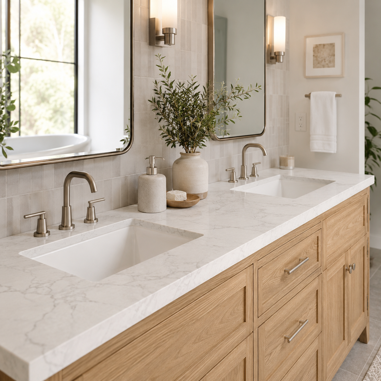Modern bathroom vanity with a marble-look quartz countertop, warm wood cabinetry, and integrated white basins.