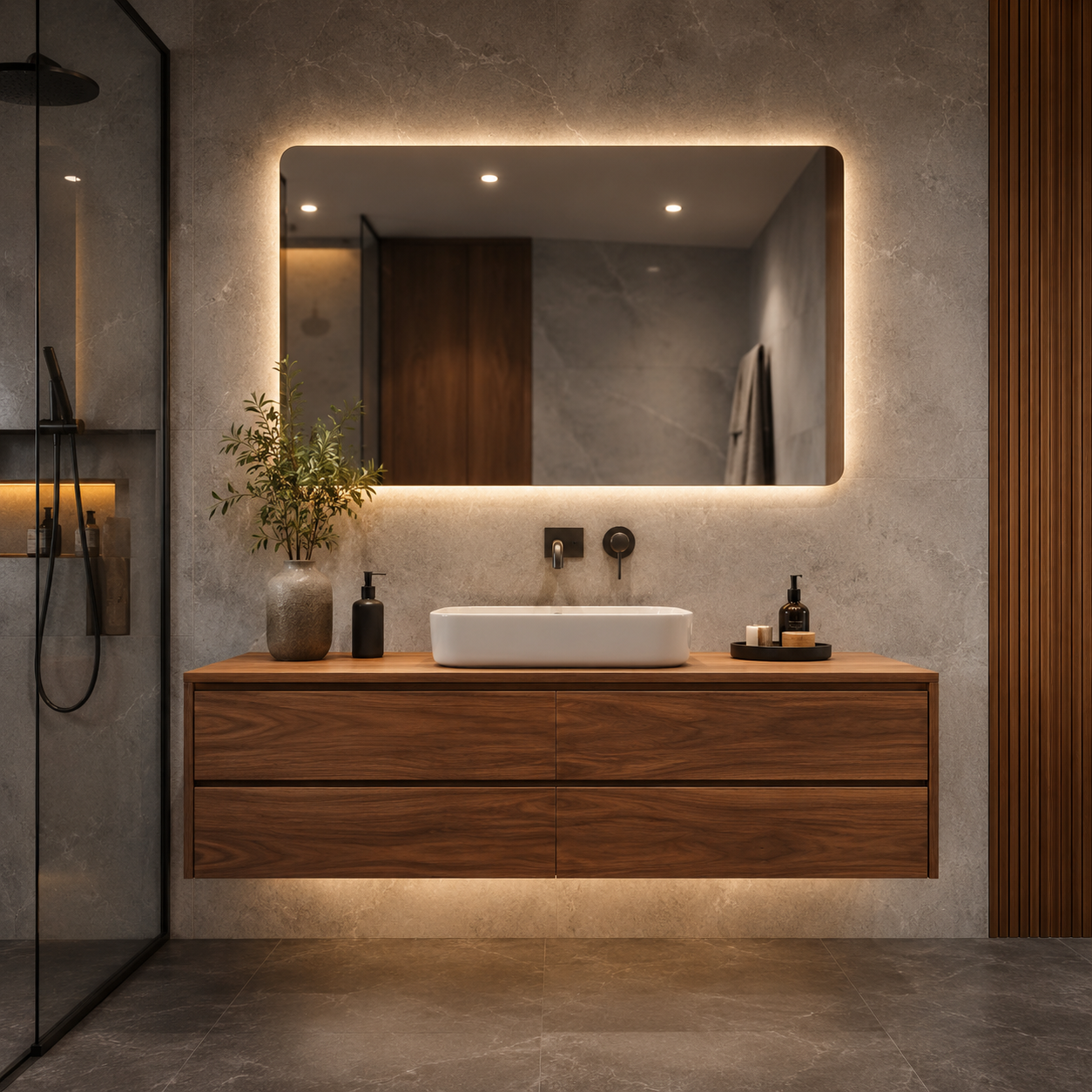 Warm wood bathroom vanity softens a grey tiled modern bathroom with spa-like lighting.