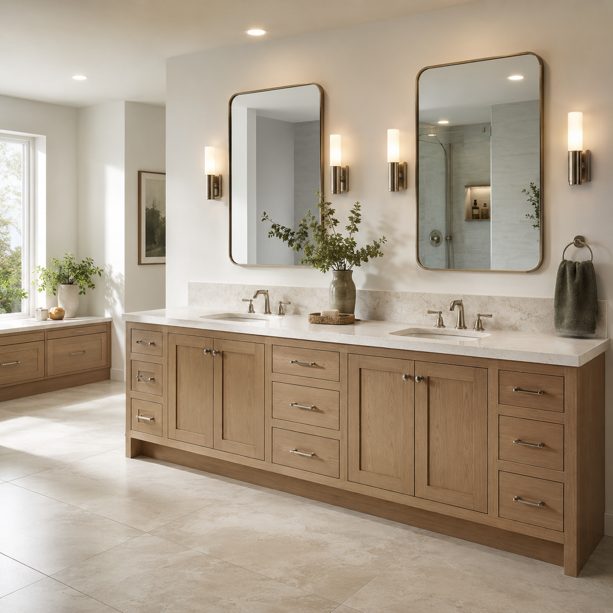 Modern master bathroom with a double vanity replacing unused bathtub space.