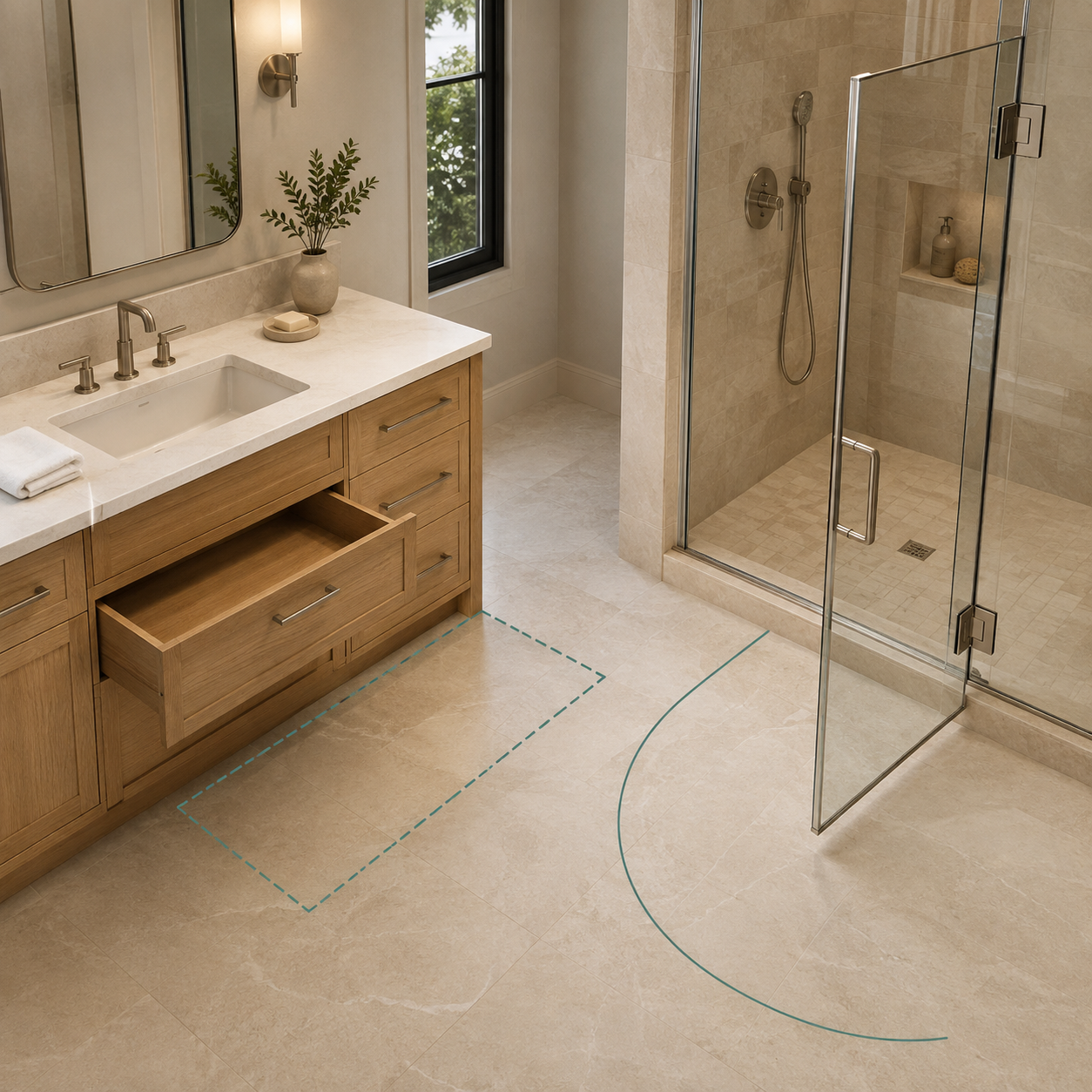 Modern bathroom layout showing open vanity drawer extension and glass shower door swing arc clearance map.