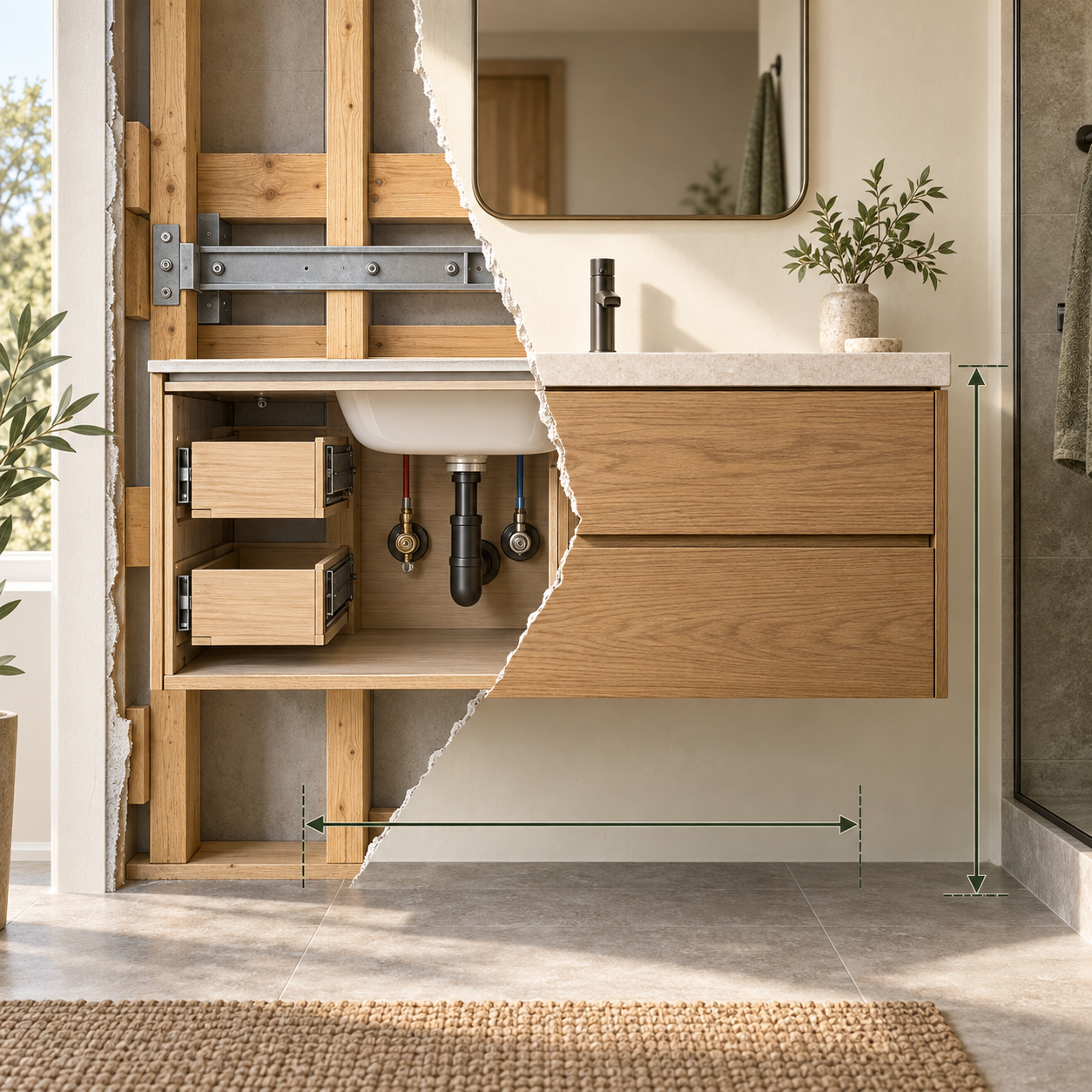 Cutaway of a wall-hung bathroom vanity showing wall framing, mounting rail, plumbing, drawer clearance, and finished-floor measurements.