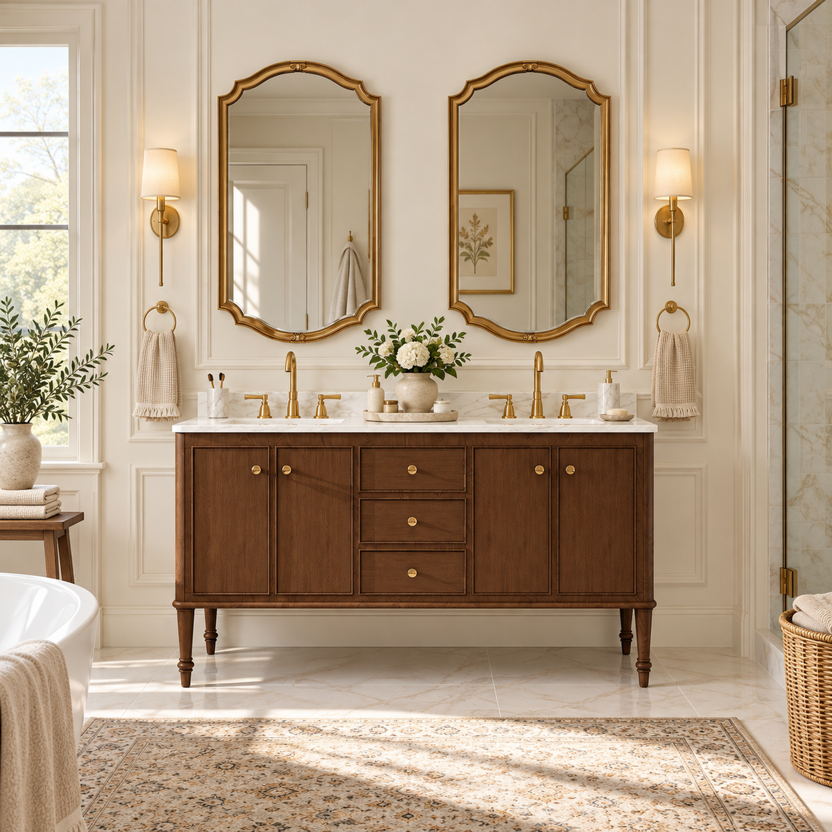 60-inch Verve double-sink vanity in a traditional primary bathroom arranged for two users