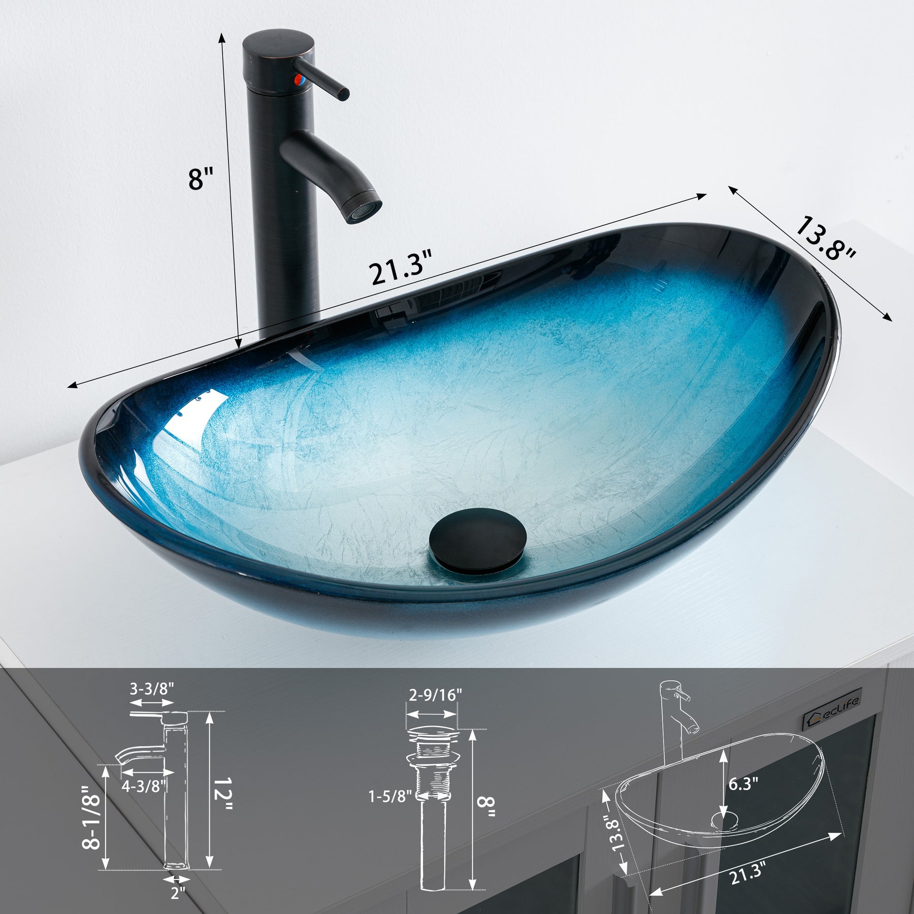 Bathroom Vessel Sink Combo Tempered Glass Bowl & Faucet & Pop Up Drain—Blue Boat