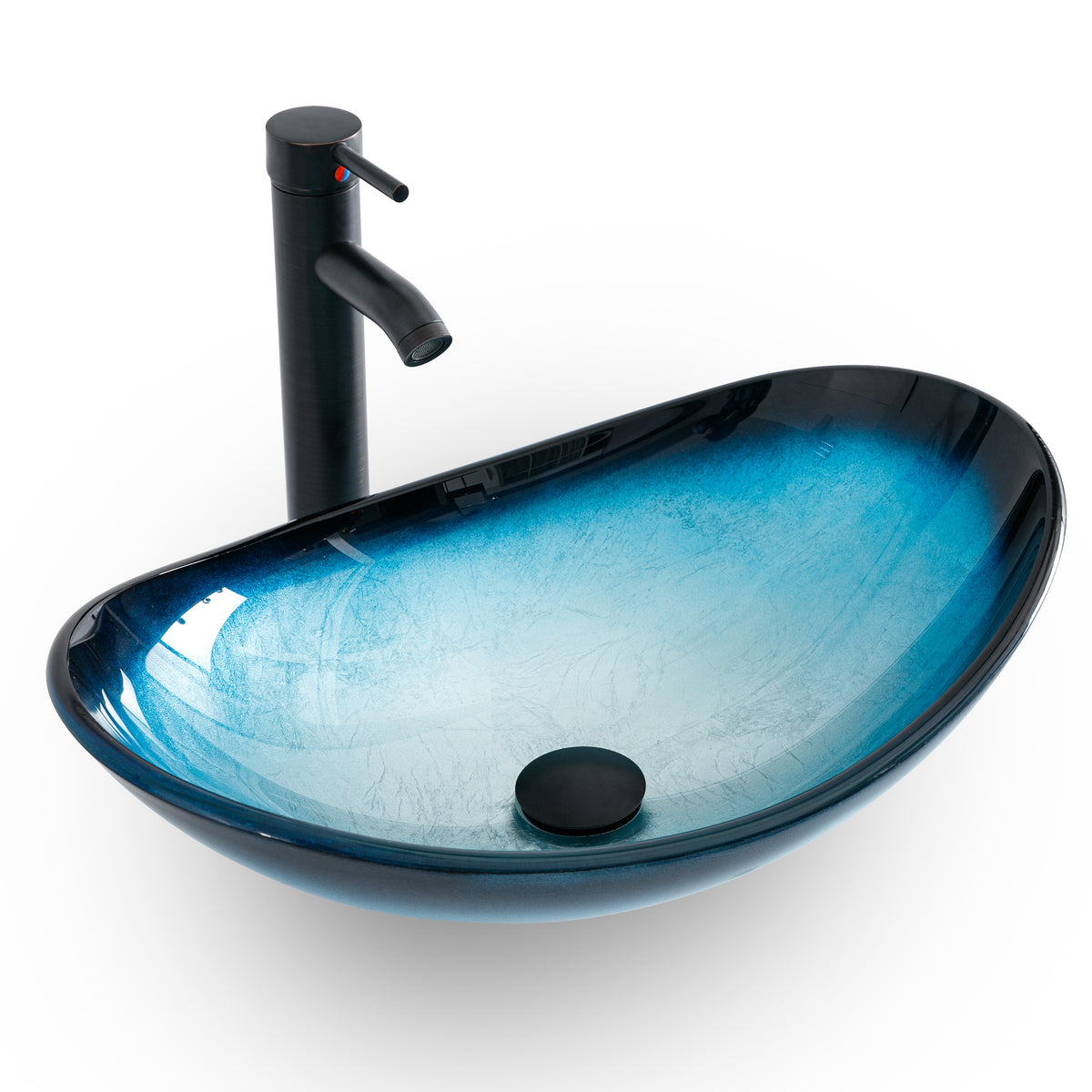 Bathroom Vessel Sink Combo Tempered Glass Bowl & Faucet & Pop Up Drain—Blue Boat