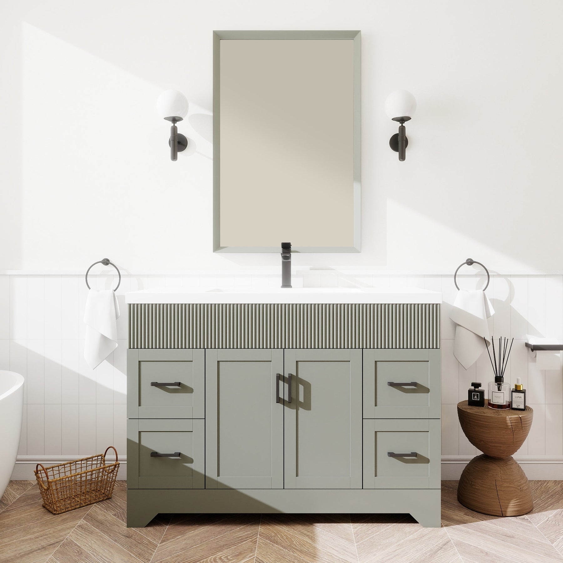 Waterfall 48’’ RTA Freestanding Vanity Cabinet Base with Vertical Striped Decor (Countertop & Sink Not Included) 浴室柜