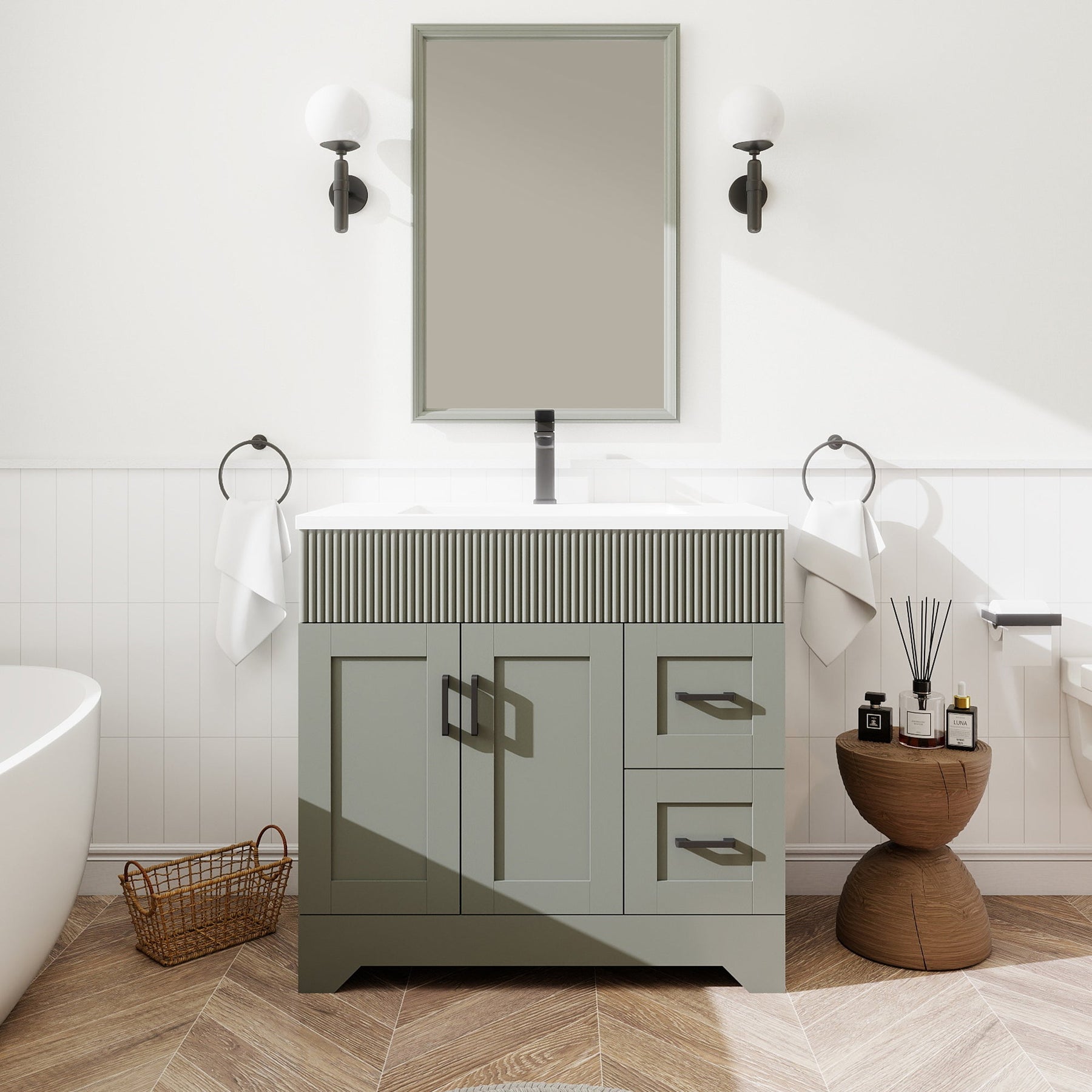 Waterfall 36’’ RTA Freestanding Vanity Cabinet Base with Vertical Striped Decor (Countertop & Sink Not Included) 浴室柜