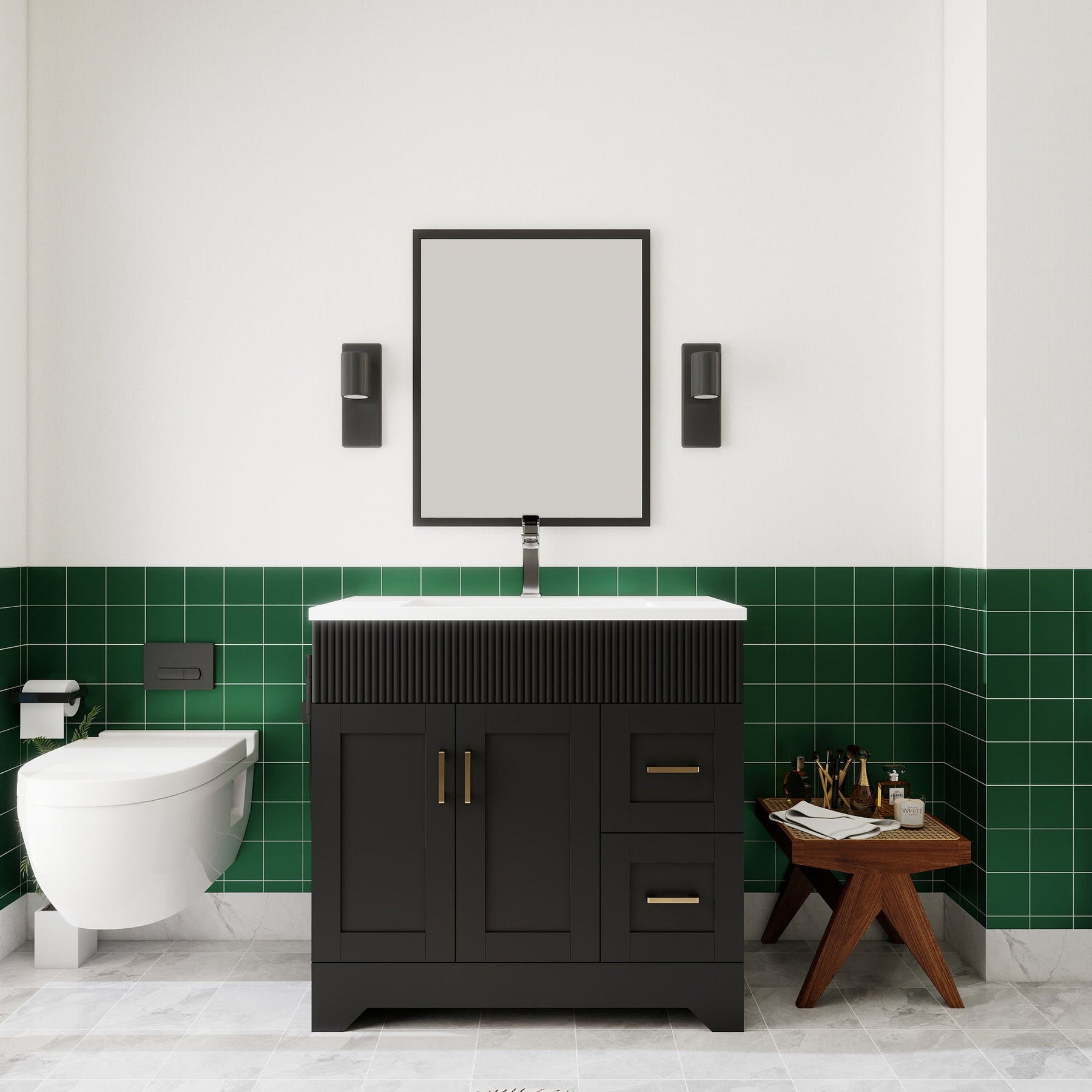 Waterfall 36’’ RTA Freestanding Vanity Cabinet Base with Vertical Striped Decor (Countertop & Sink Not Included) 浴室柜