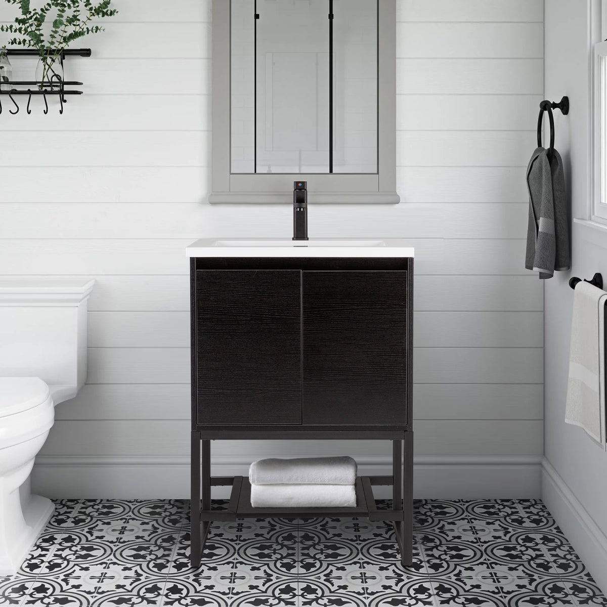 Eclife 24"/30"/36" Black Bathroom Vanity with Undermount Ceramic Sink ,Built-in Power Socket & Metal Feet