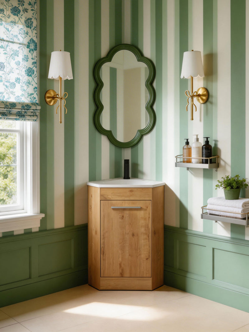Green Stripes & Bow Sconce Bathroom