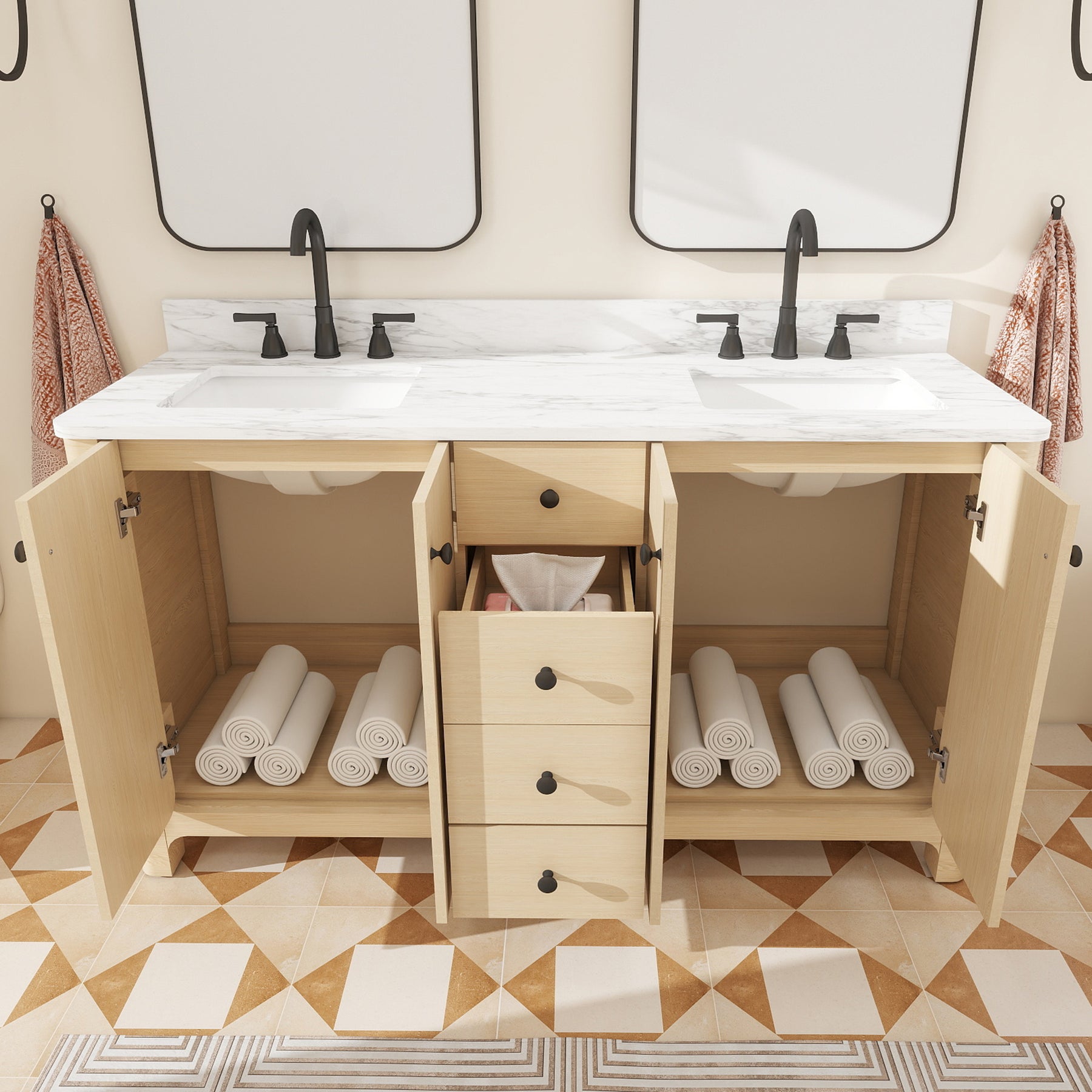 Canyon 60" Freestanding Double Vanity Cabinet with Curved Design