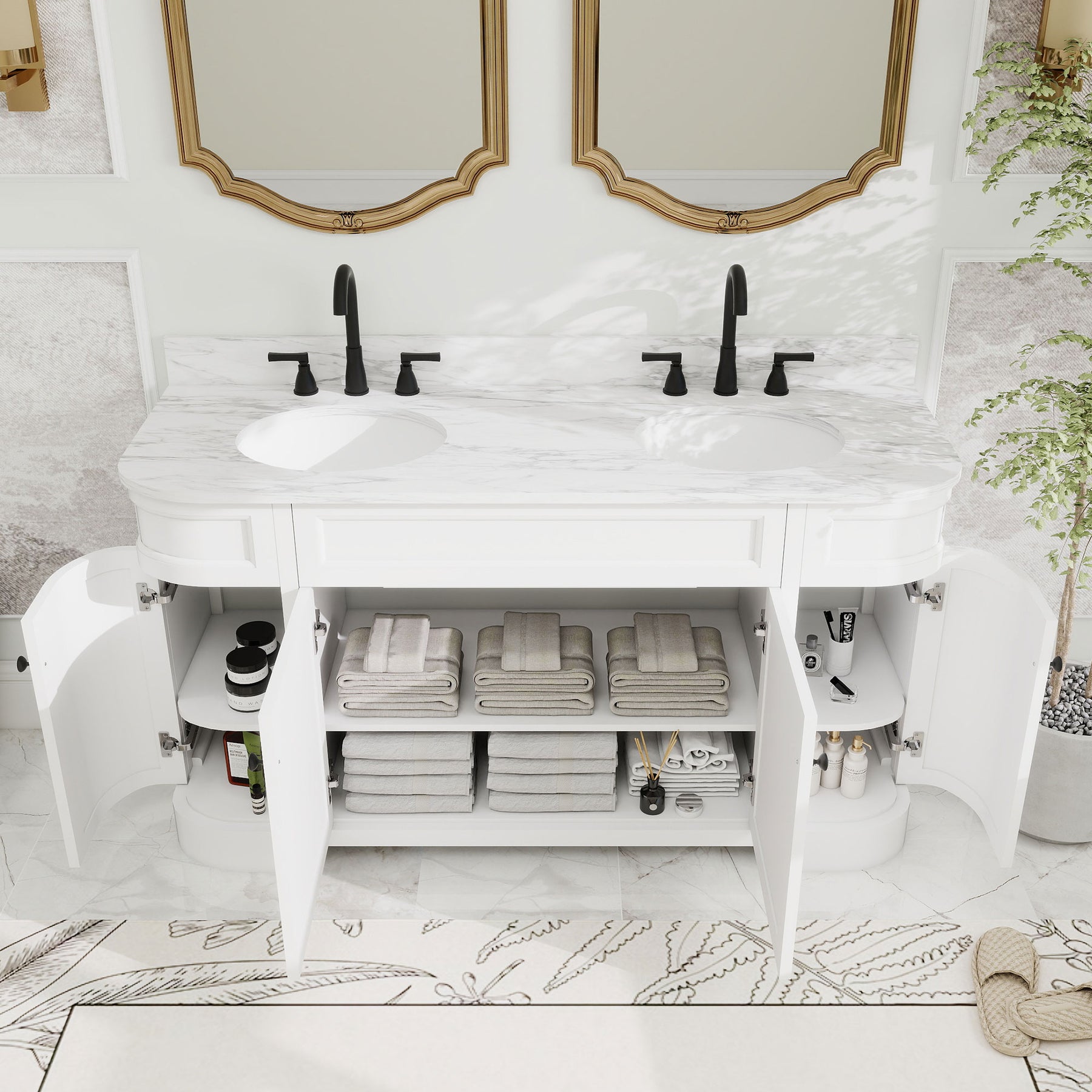 Opuluxe 60" Freestanding Double Vanity Cabinets with Curved Design