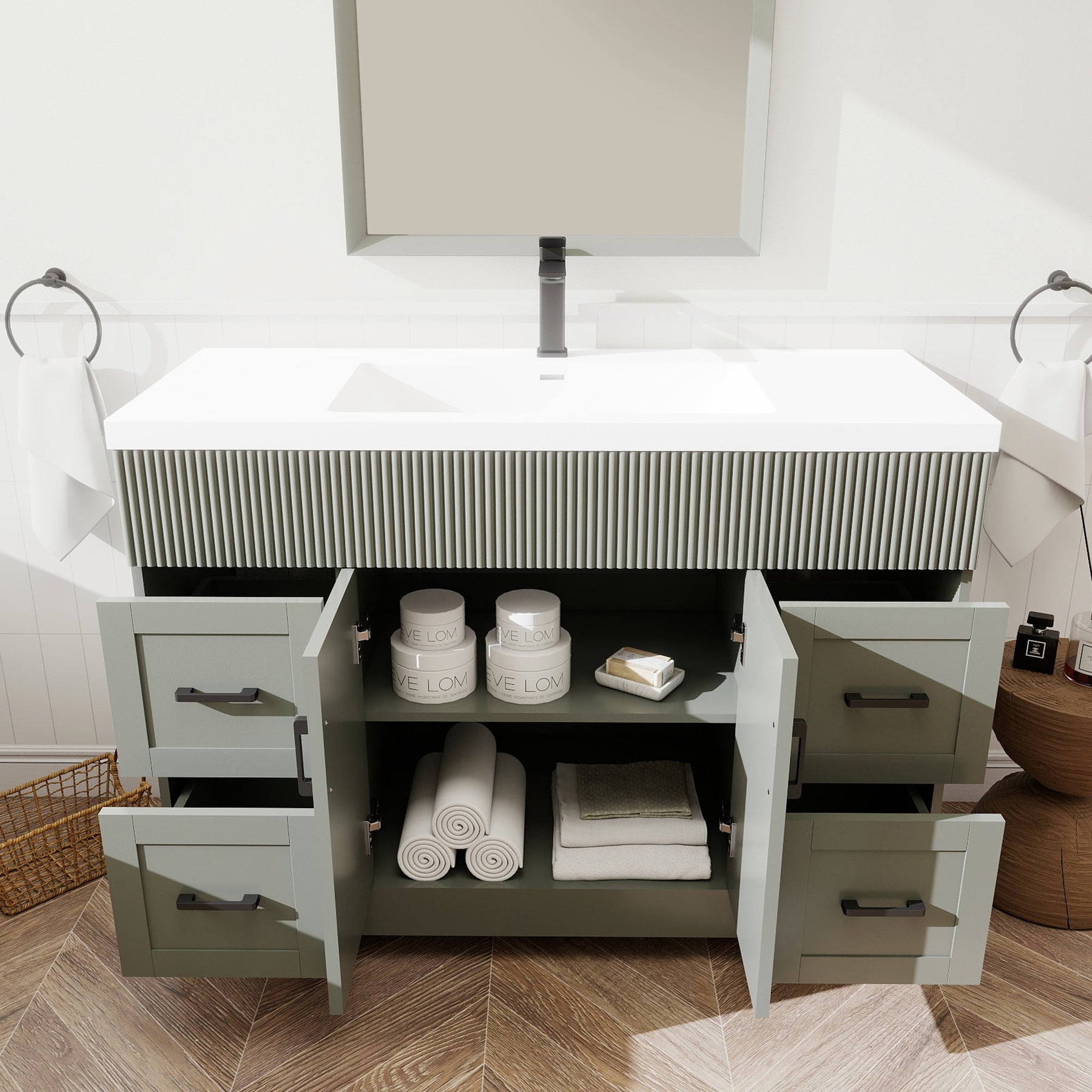 Waterfall 48’’ RTA Freestanding Vanity Cabinet Base with Vertical Striped Decor (Countertop & Sink Not Included) 浴室柜