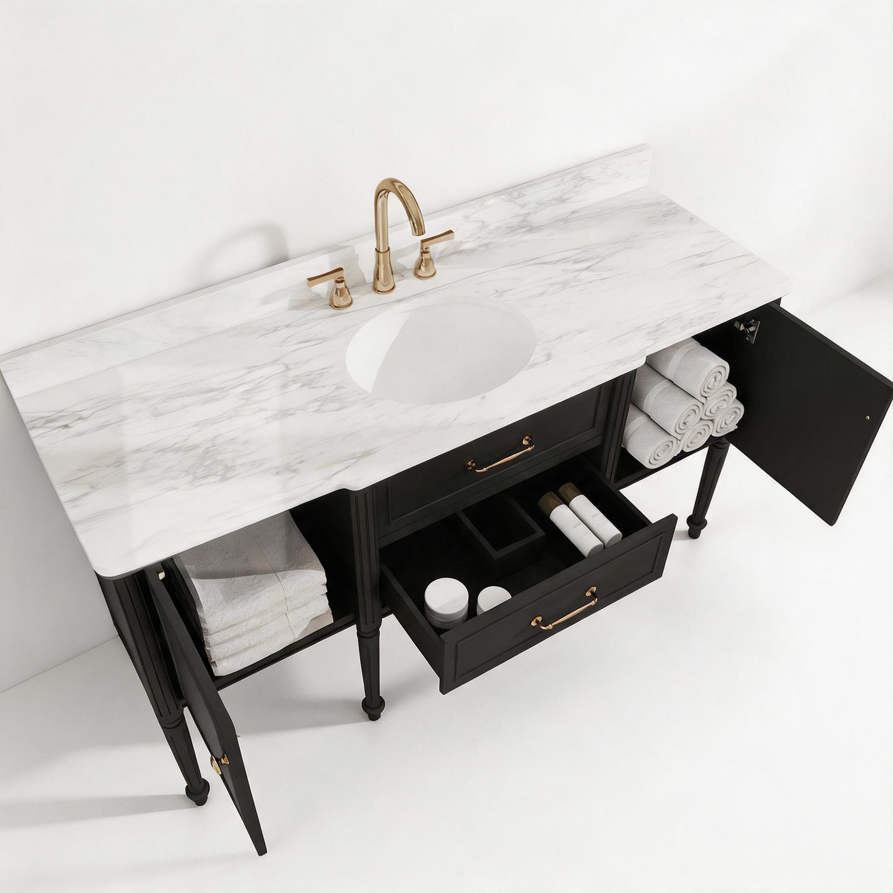 Modish 60" Wall Mounted Single Vanity Cabinet with Solid Wood Legs, Pre-Assembled, Freestanding & Floating 2 Installation Ways