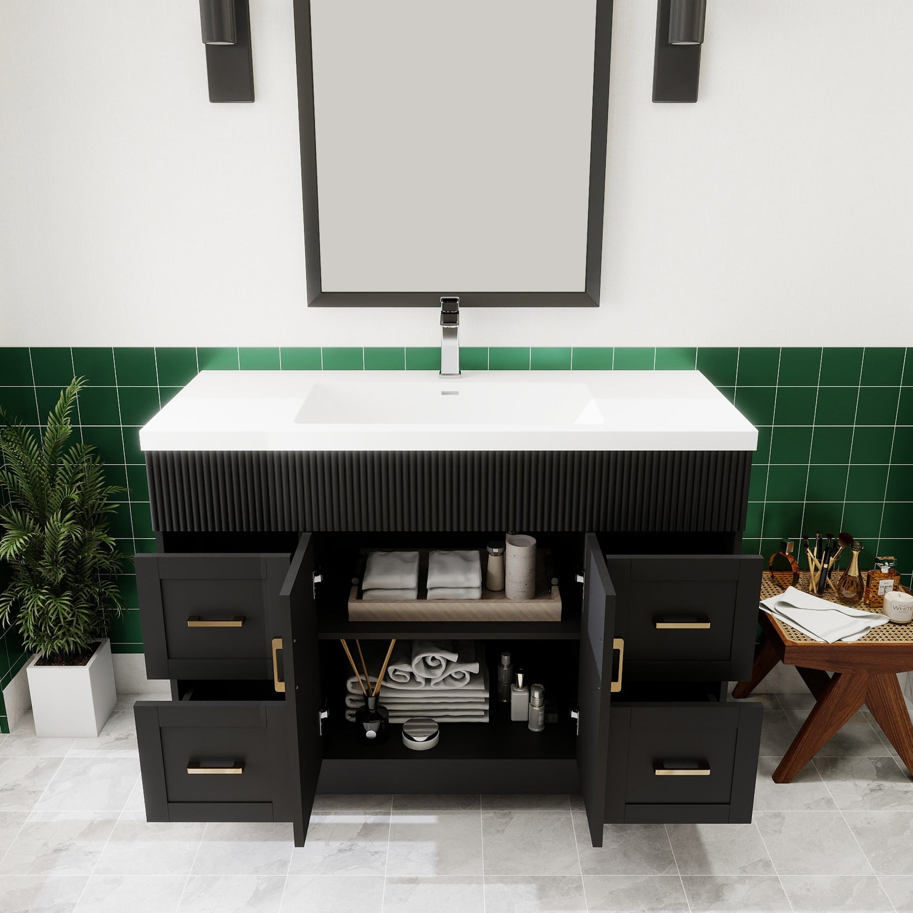 Waterfall 48’’ RTA Freestanding Vanity Cabinet Base with Vertical Striped Decor (Countertop & Sink Not Included) 浴室柜