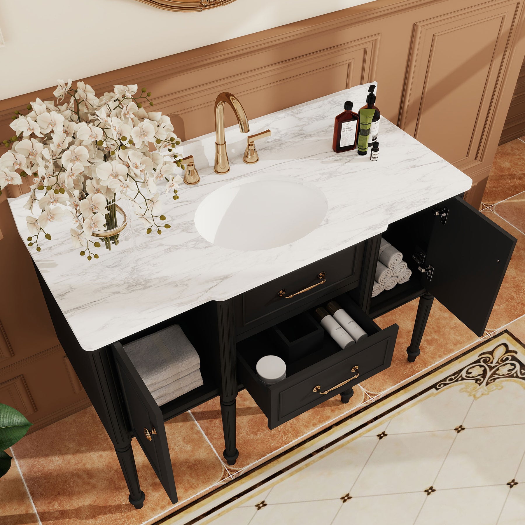 Modish 48" Wall Mounted Single Vanity Cabinets with Solid Wood Legs