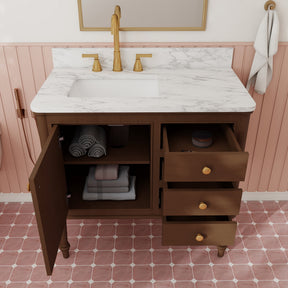 Verve 36" Freestanding Single Vanity – Bath Cabinet with Solid Wood, Artificial Stone Top (1 Door, 3 Drawers, Assembled)