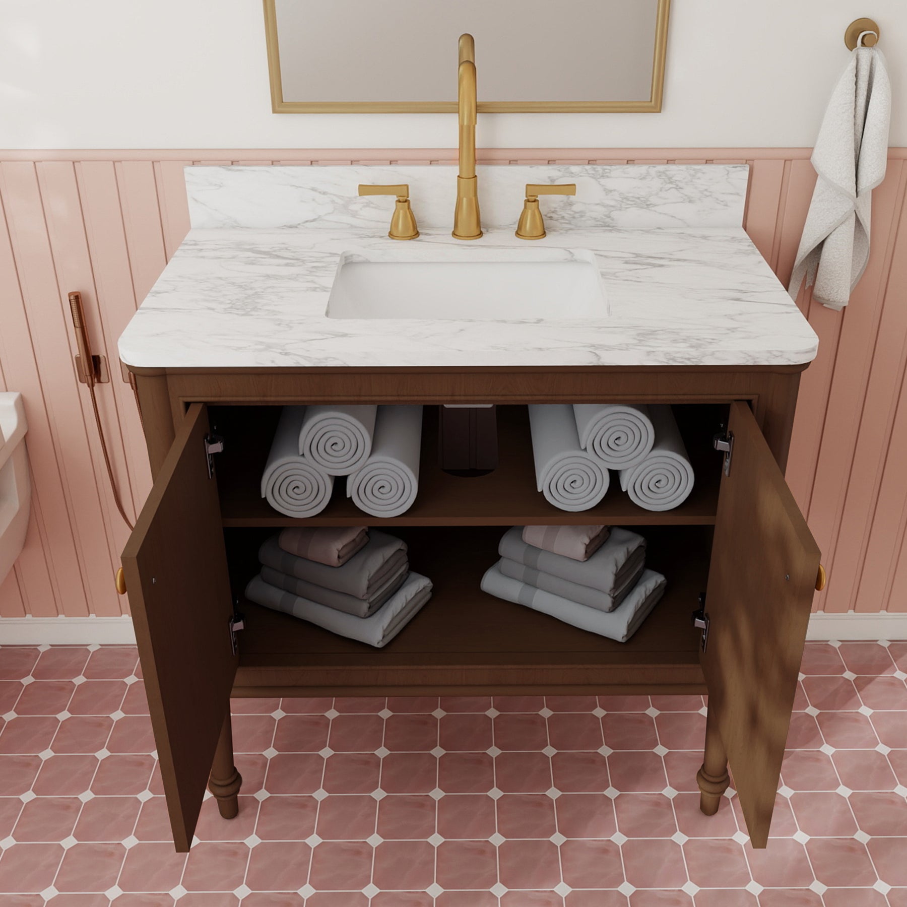 Verve 36" Freestanding Single Vanity – Bath Cabinet with Solid Wood, Artificial Stone Top (2 Doors, Assembled)