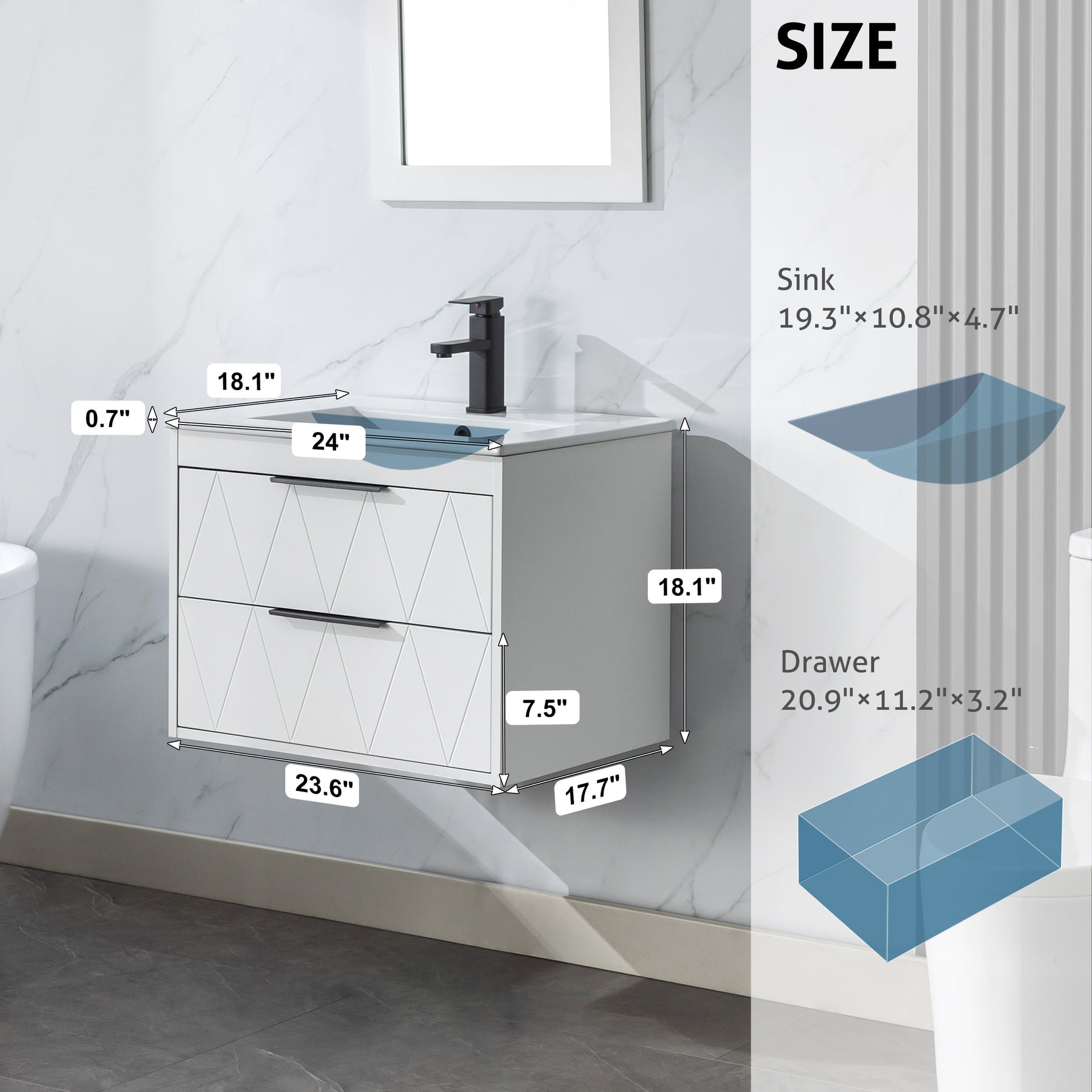Eclife 24" Morden Bathroom Vanity Cabinet with Sink Combo, Wall Mounted Floating Cabinet - White