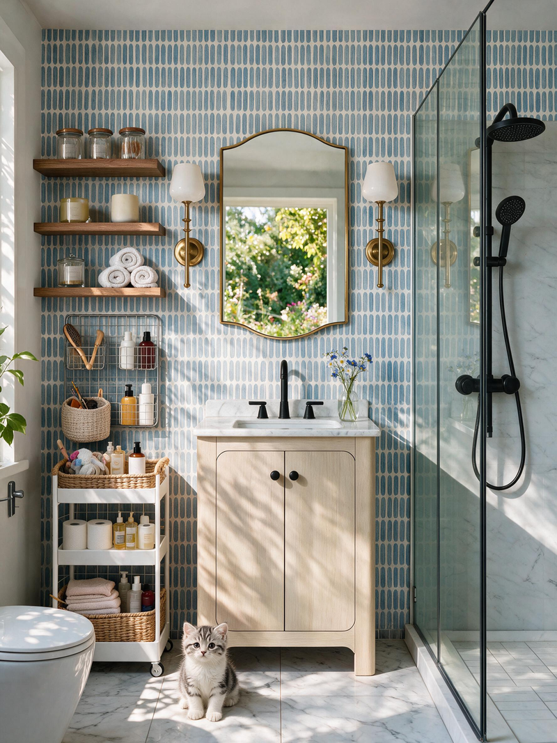 Teal Brick & Oak Bathroom