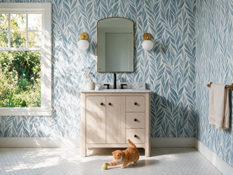 Teal Brick & Oak Bathroom