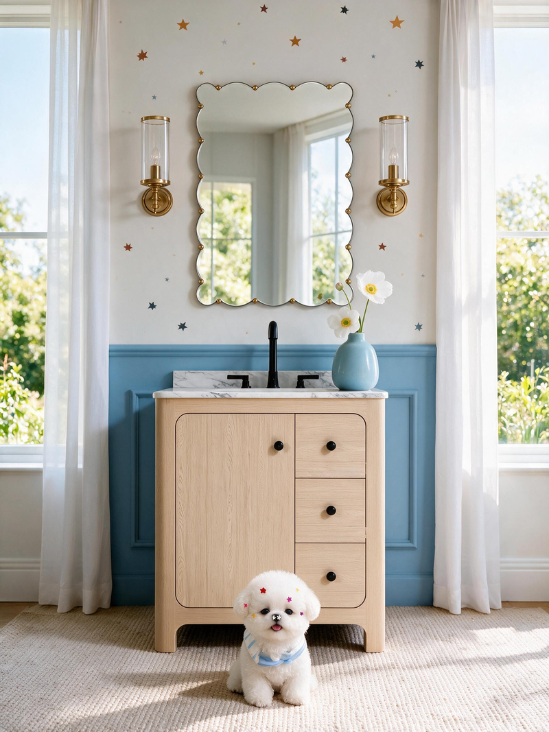 Teal Brick & Oak Bathroom