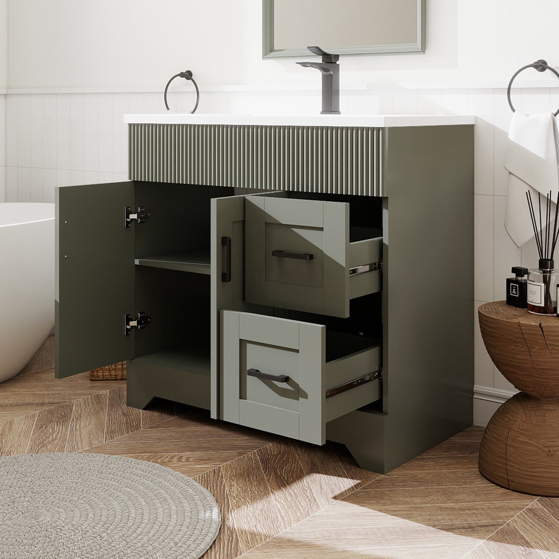 Waterfall 36’’ RTA Freestanding Vanity Cabinet Base with Vertical Striped Decor (Countertop & Sink Not Included) 浴室柜