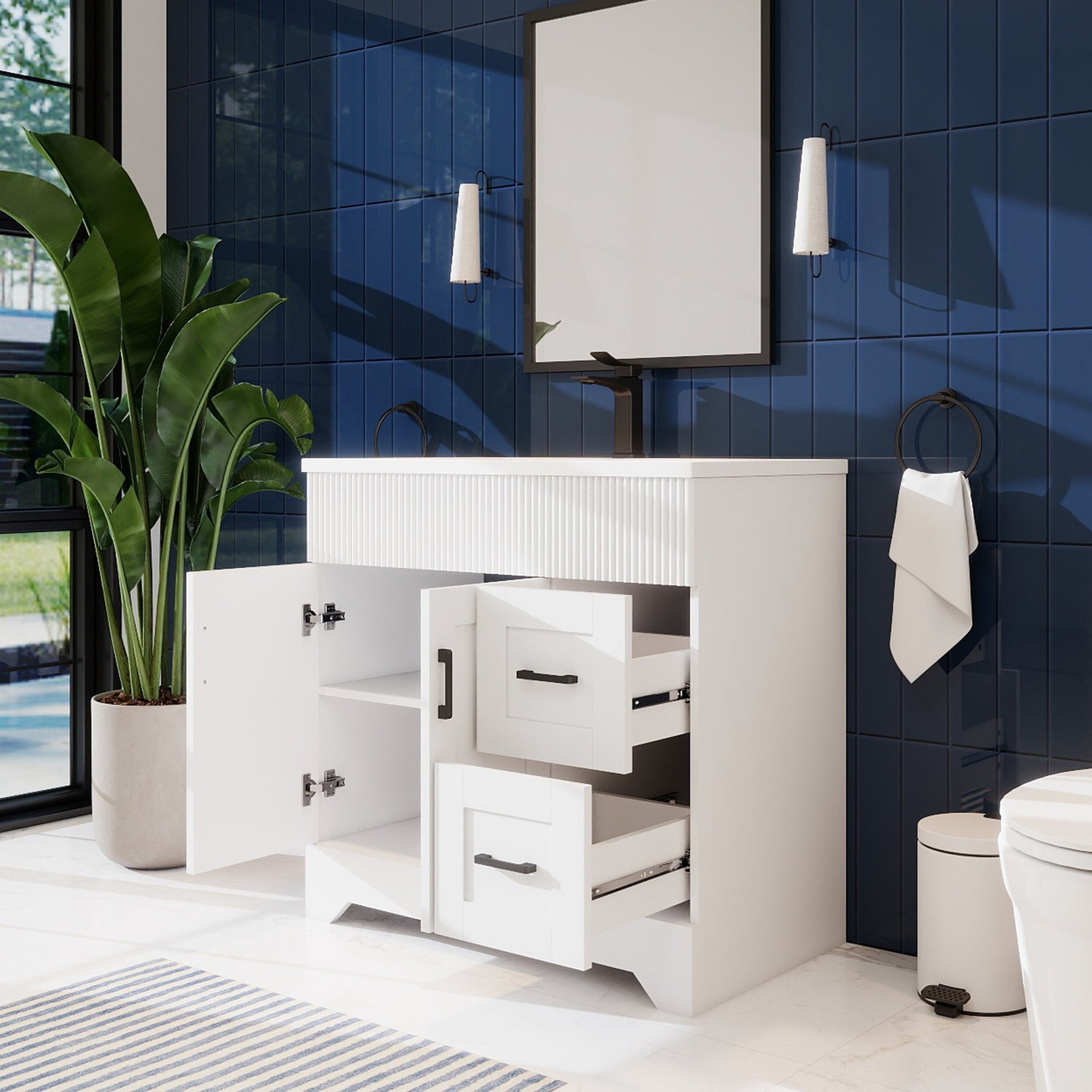 Waterfall 36’’ RTA Freestanding Vanity Cabinet Base with Vertical Striped Decor (Countertop & Sink Not Included) 浴室柜