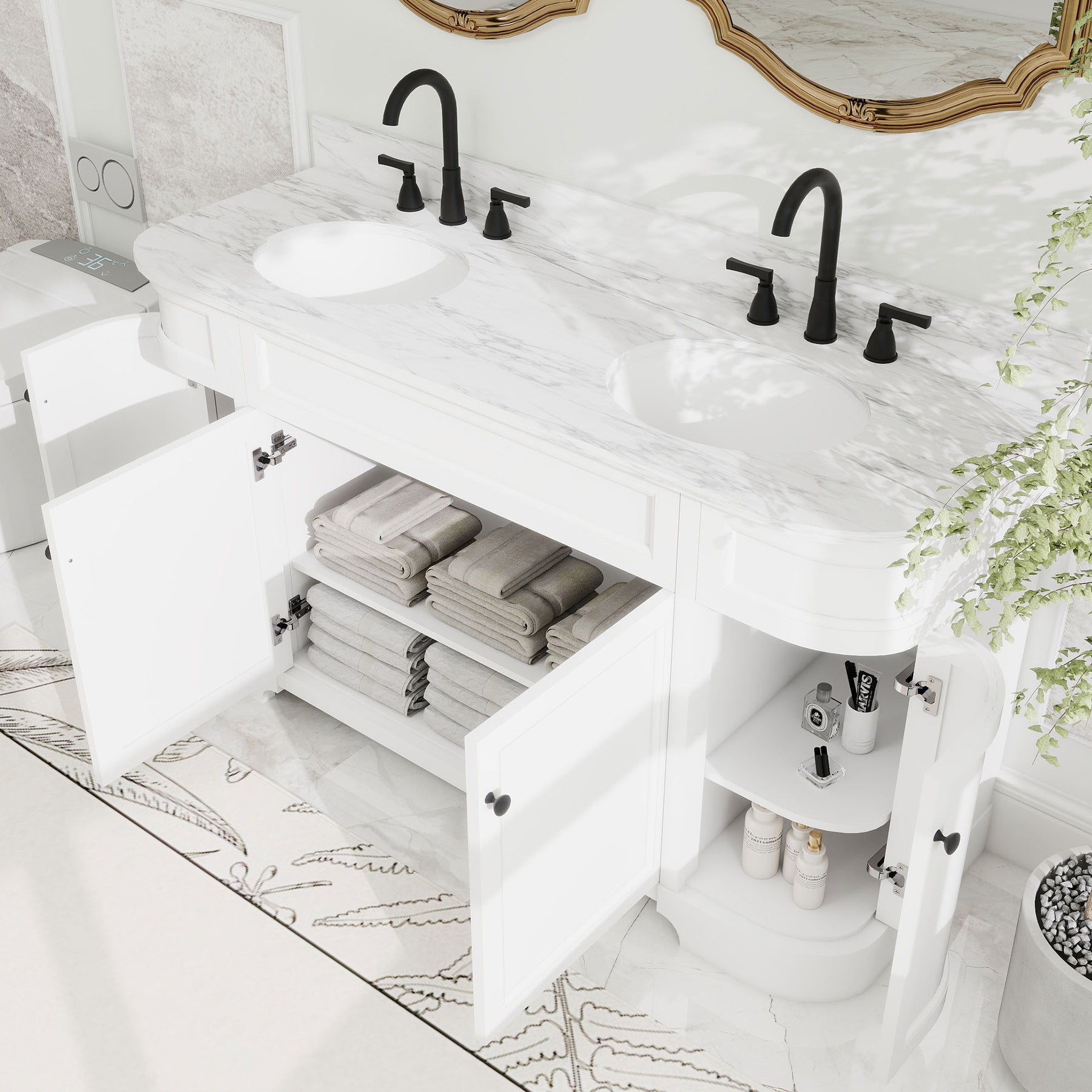 Opuluxe 60" Freestanding Double Vanity Cabinets with Curved Design