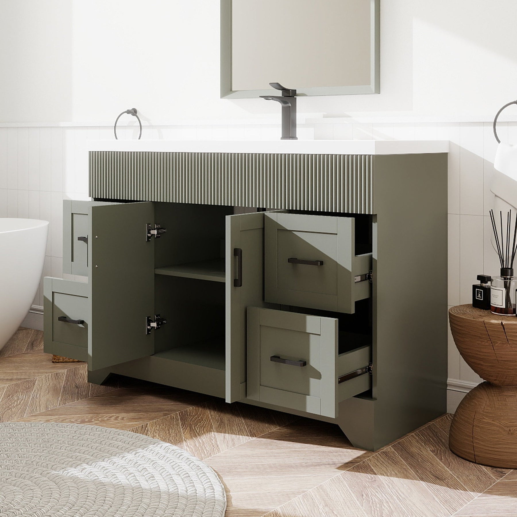 Waterfall 48’’ RTA Freestanding Vanity Cabinet Base with Vertical Striped Decor (Countertop & Sink Not Included) 浴室柜