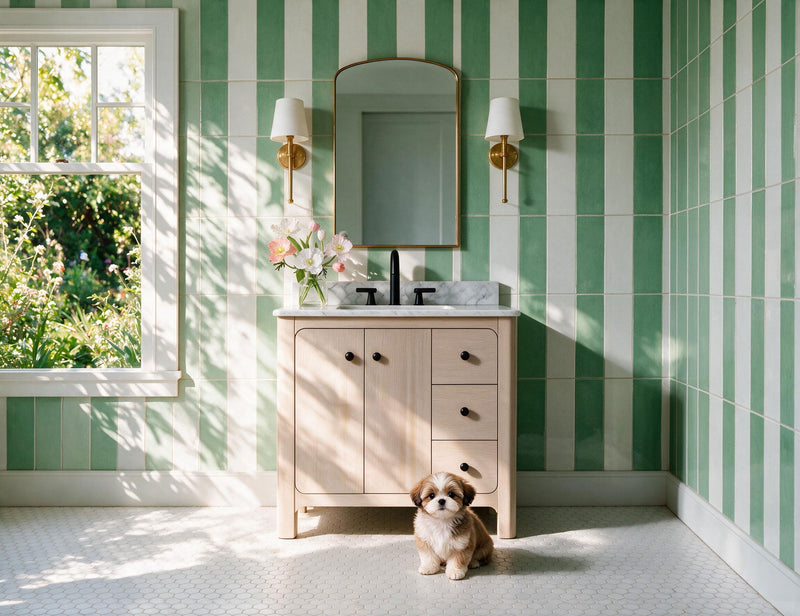 Teal Brick & Oak Bathroom