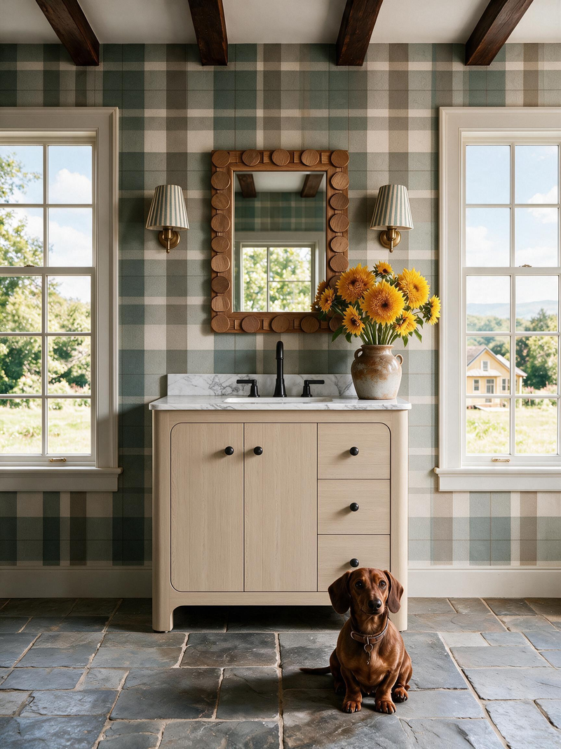 Teal Brick & Oak Bathroom