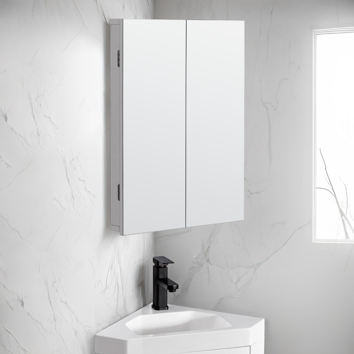Corner 24" Wall Mounted Bathroom Medicine Cabinet with Double Door & Mirror