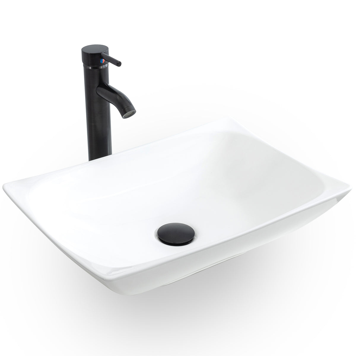 Bathroom Vessel Sink Combo Ceramic Bowl & Faucet & Pop Up Drain - White Curved