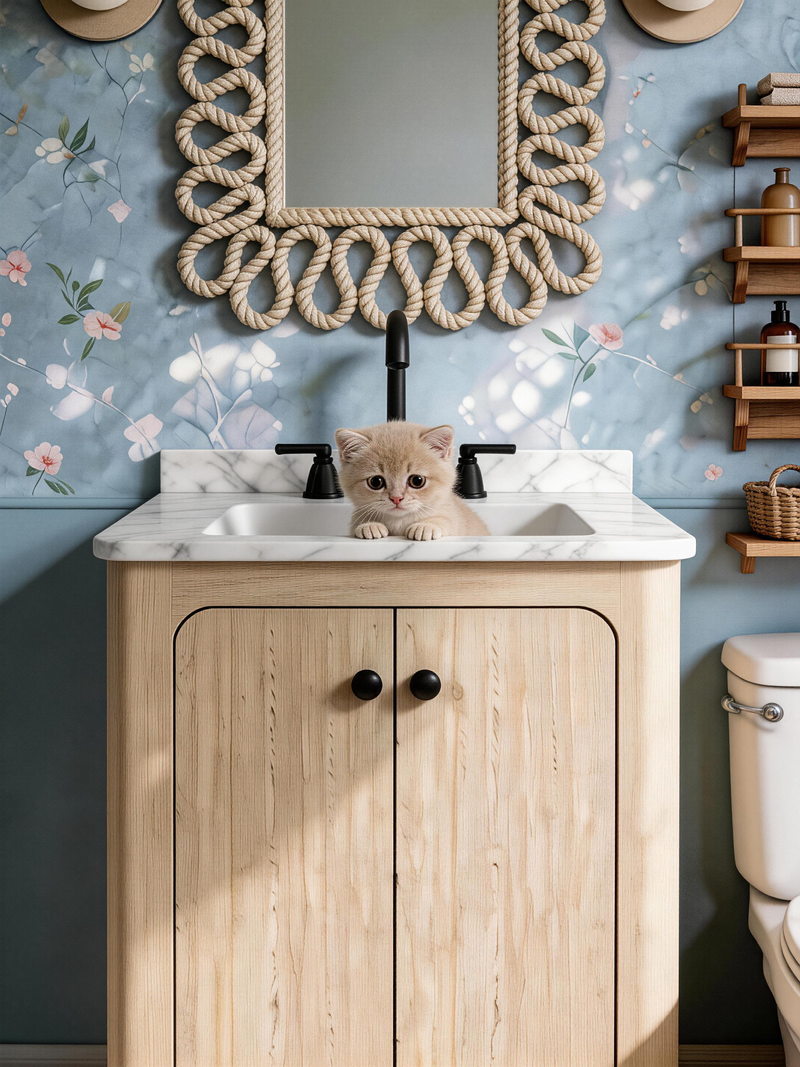 Teal Brick & Oak Bathroom