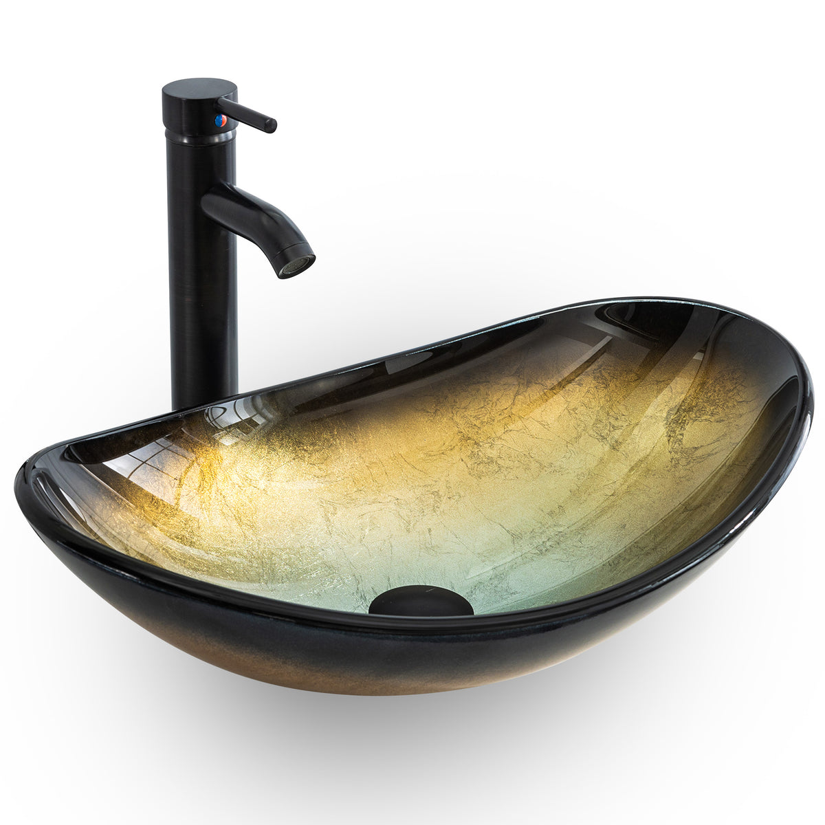 Bathroom Vessel Sink Combo Tempered Glass Bowl & Faucet & Pop Up Drain—Champagne Boat