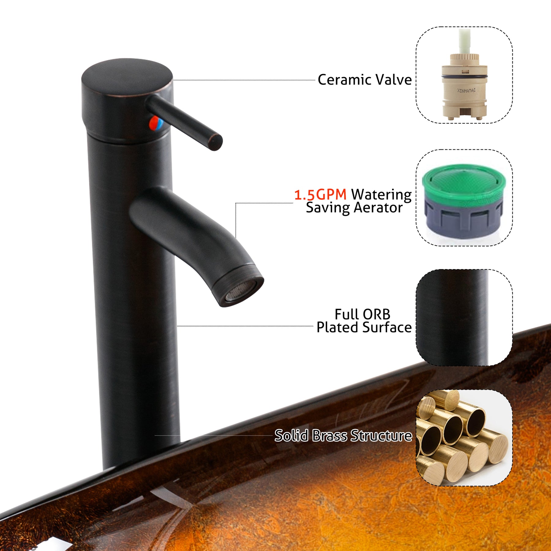 Bathroom Vessel Sink Combo Tempered Glass Bowl & Faucet & Pop Up Drain—Brown Boat