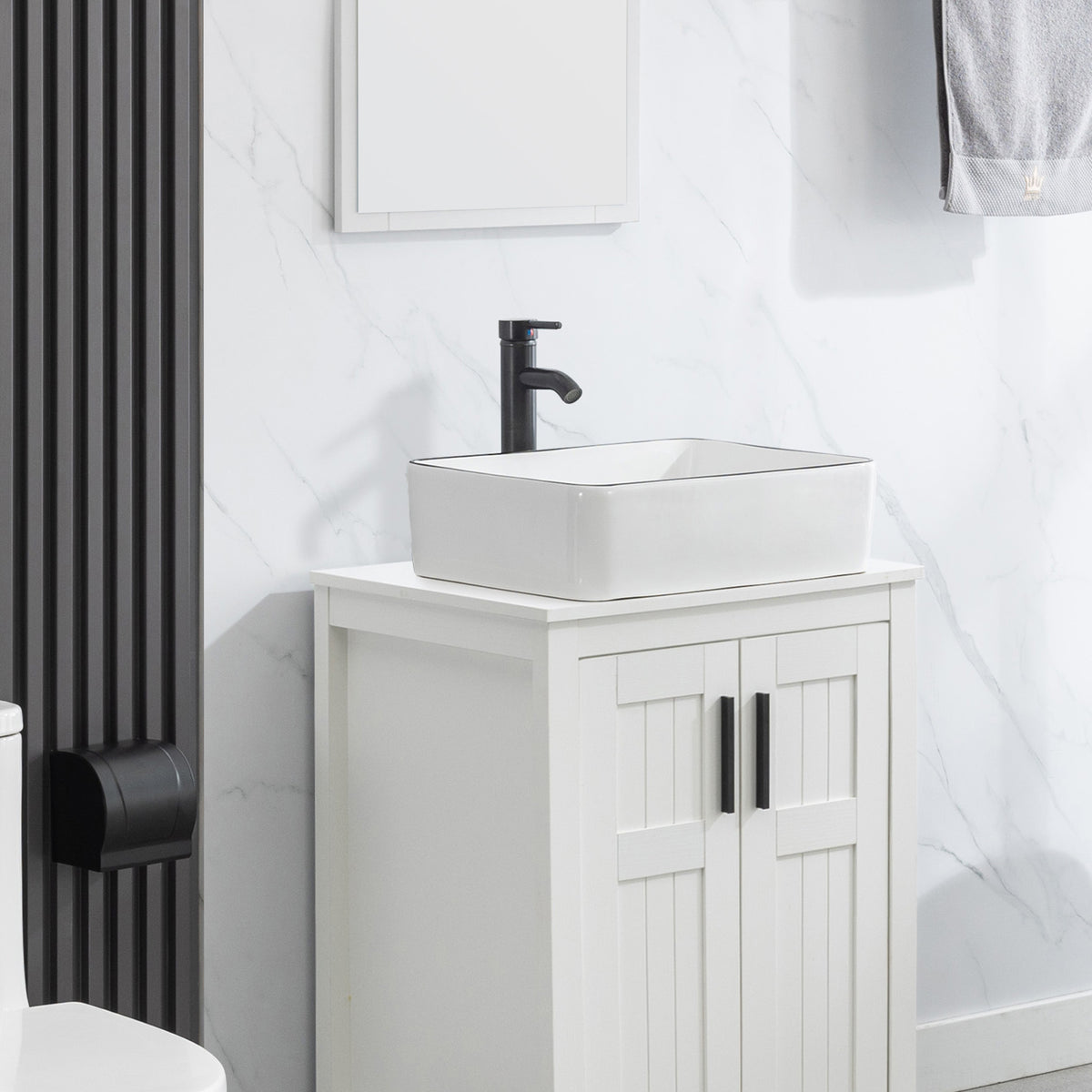 Bathroom Vessel Sink Combo Ceramic Bowl & Faucet & Pop Up Drain - White with Black Decor Line