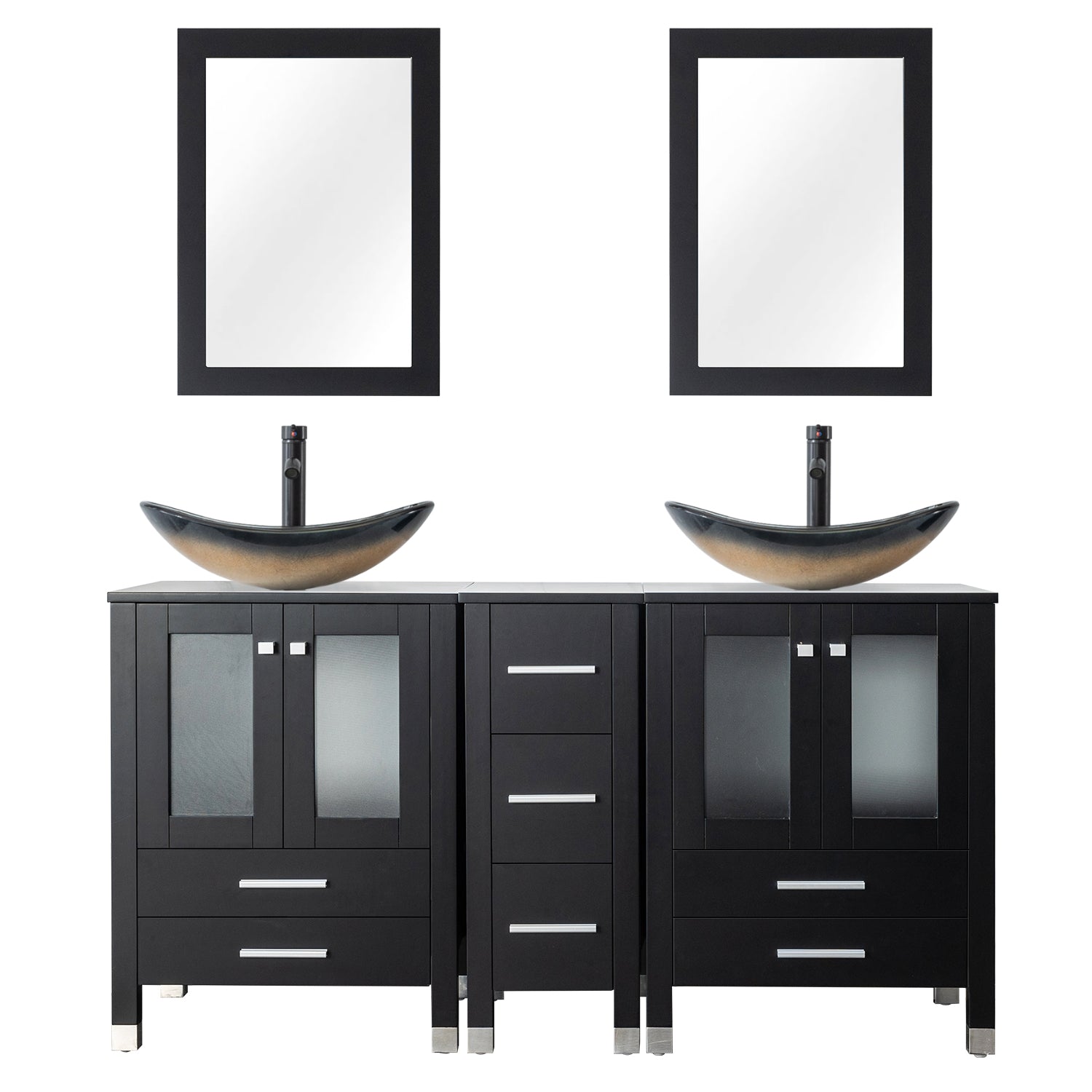 Classic 60" Black Freestanding Bathroom Vanity side cabinet combo with Double  Sinks & Mirrors