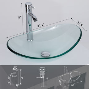 Bathroom Vessel Sink Combo Tempered Glass Bowl & Faucet & Pop Up Drain—Clear Boat