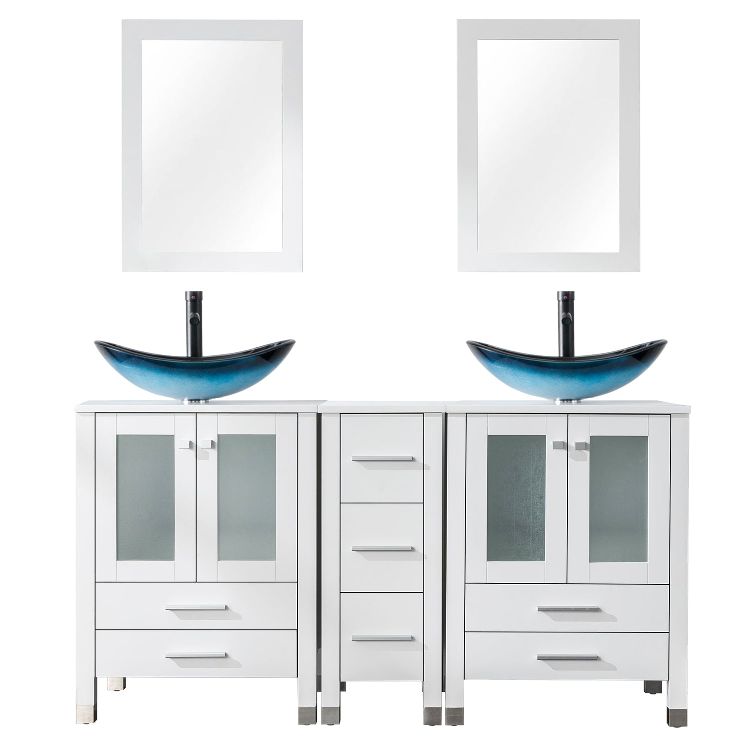 Classic 60" White Freestanding Bathroom Vanity Side Cabinet Combo with Double  Sinks & Mirrors