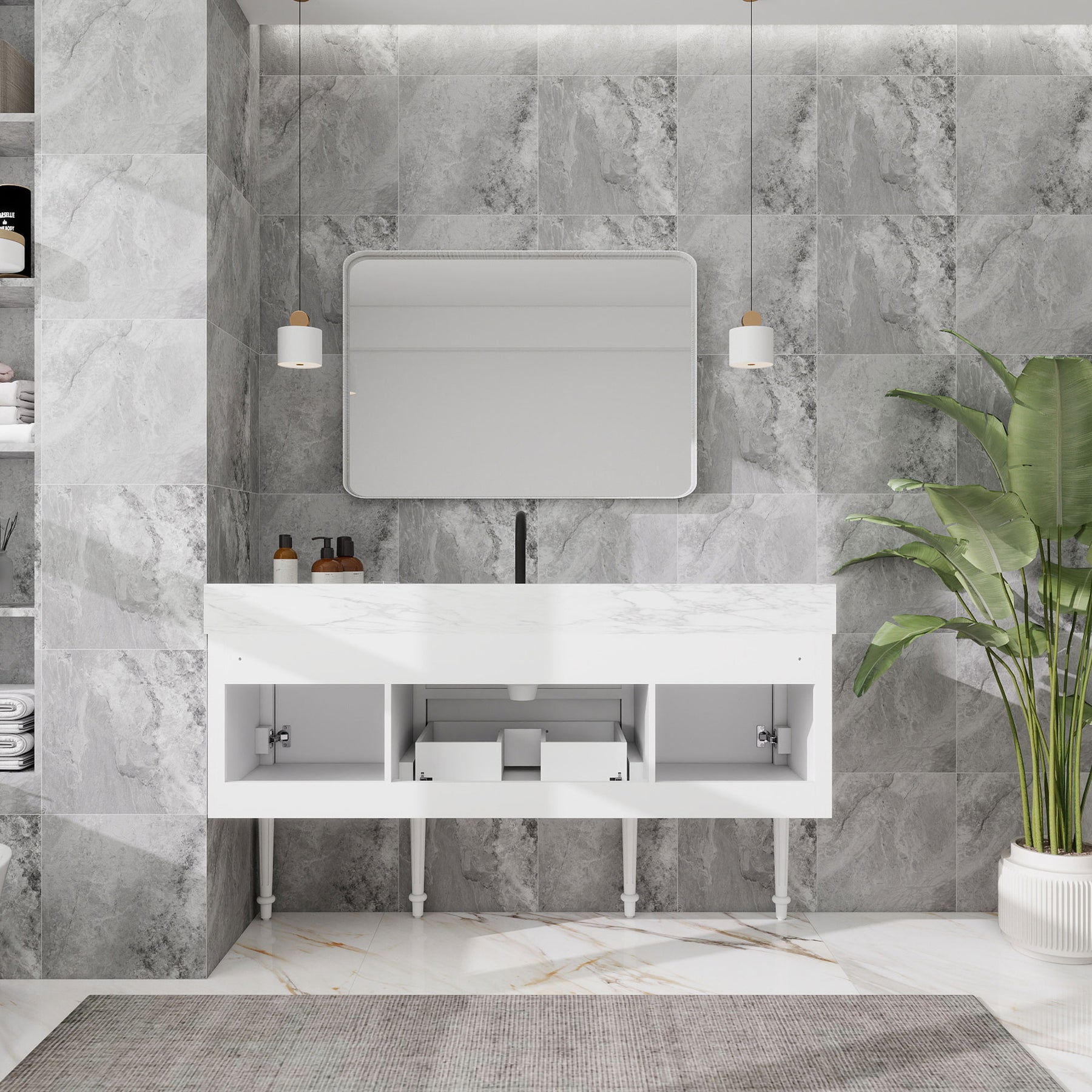Modish 60" Wall Mounted Single Vanity Cabinets Cabinets with Solid Wood Legs