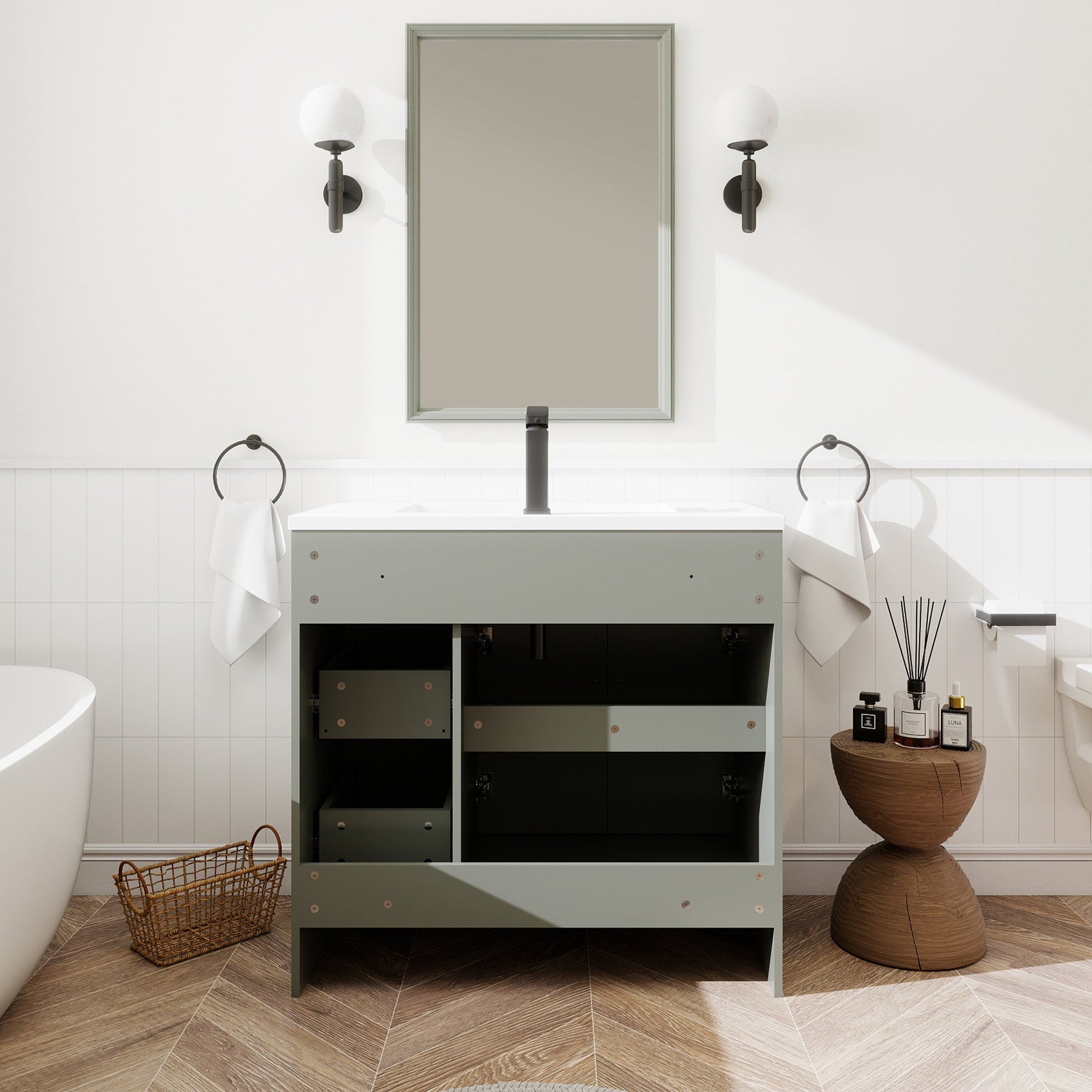 Waterfall 36’’ RTA Freestanding Vanity Cabinet Base with Vertical Striped Decor (Countertop & Sink Not Included) 浴室柜