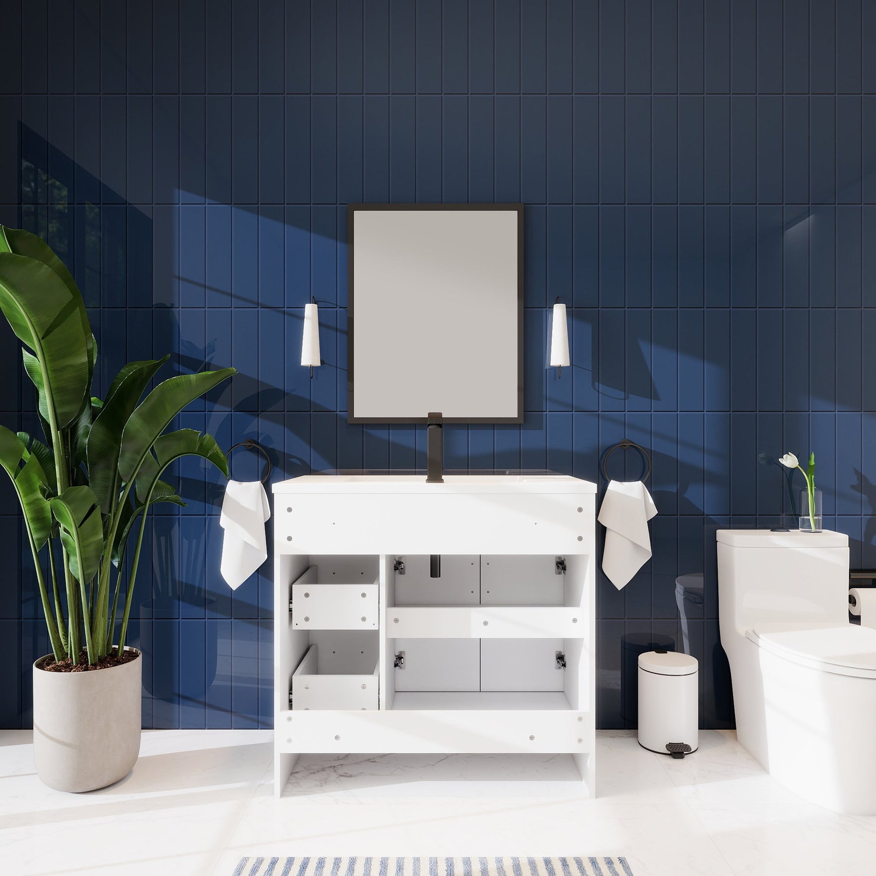 Waterfall 36’’ RTA Freestanding Vanity Cabinet Base with Vertical Striped Decor (Countertop & Sink Not Included) 浴室柜