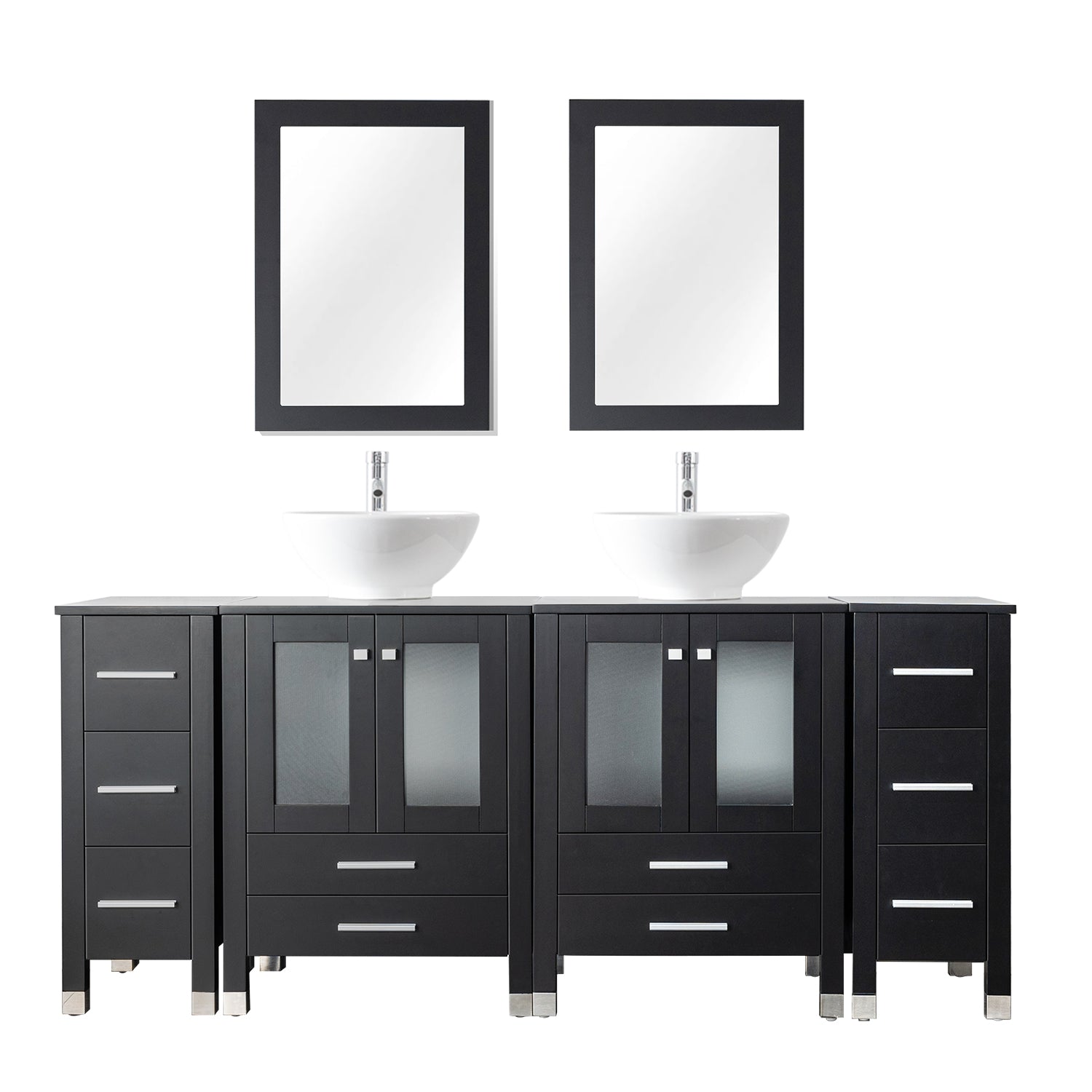 Classic 72" Black Freestanding Bathroom Vanity side cabinet combo with Double  Sinks & Mirrors