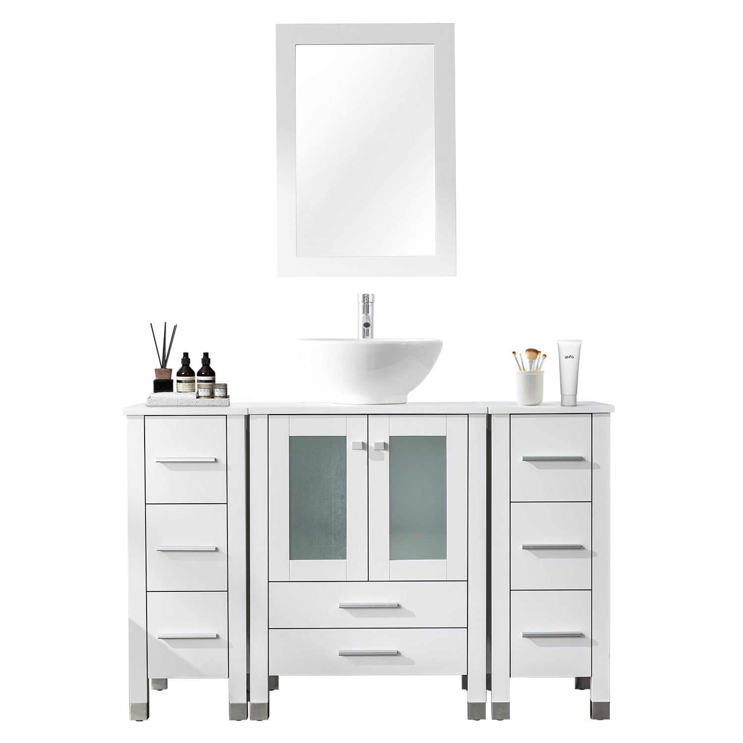 Classic 48" White Freestanding Bathroom Vanity side cabinet combo with Single Sink & Mirror
