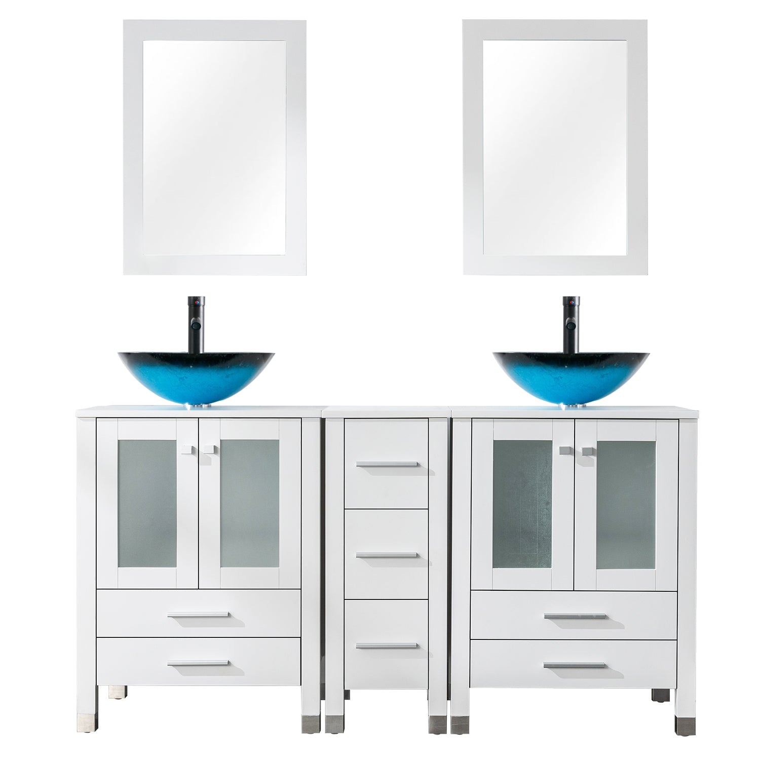Classic 60" White Freestanding Bathroom Vanity Side Cabinet Combo with Double  Sinks & Mirrors