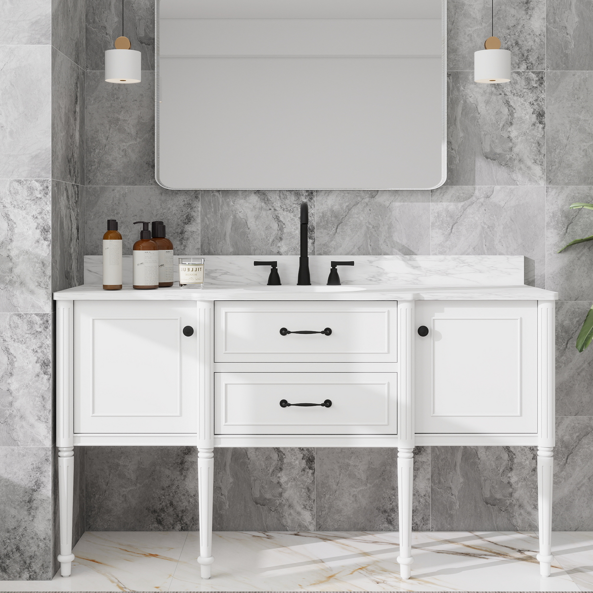 Modish 60" Wall Mounted Single Vanity Cabinets Cabinets with Solid Wood Legs