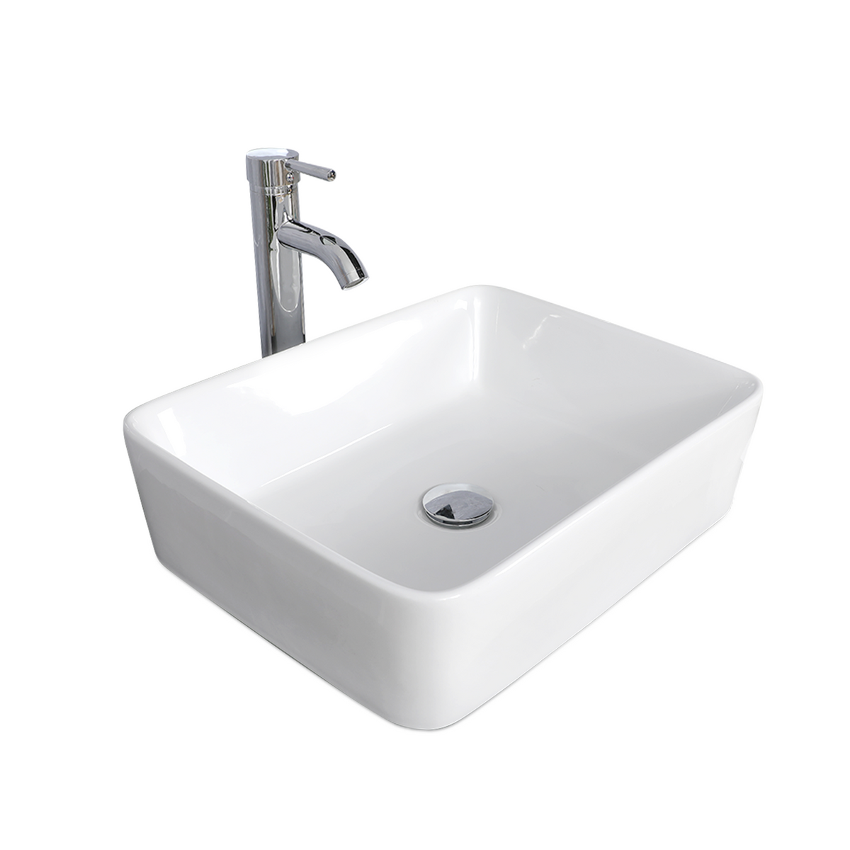 Bathroom Vessel Sink Combo Ceramic Bowl & Faucet & Pop Up Drain—White Rectangle